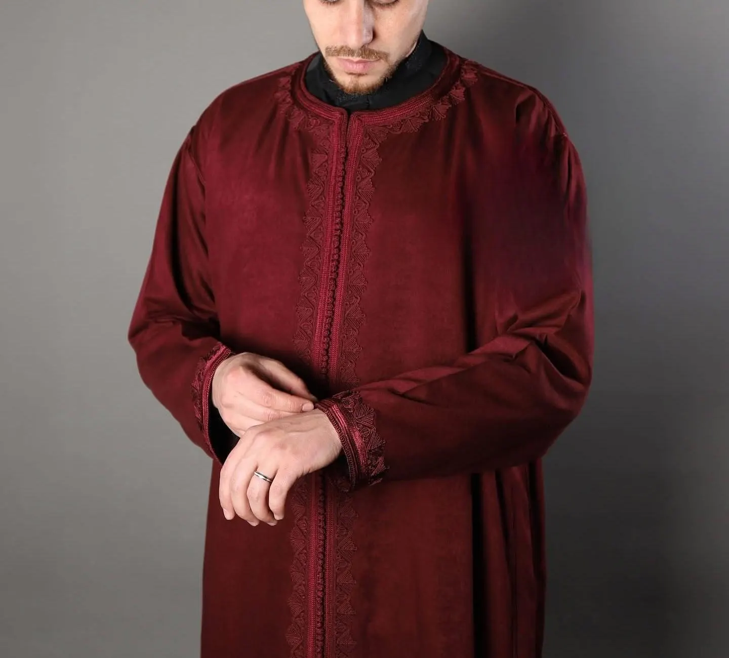 Handmade Moroccan Wool Djellaba Set – Hooded Men’s Kaftan Thobe Wool Kaftan Set – Moroccan Groom’s Formal Burgundy Jabador - image 3