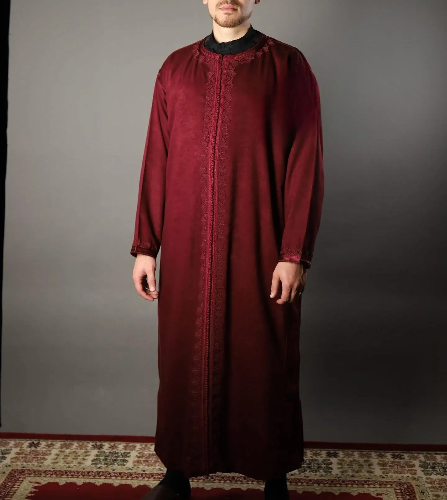 Handmade Moroccan Wool Djellaba Set – Hooded Men’s Kaftan Thobe Wool Kaftan Set – Moroccan Groom’s Formal Burgundy Jabador