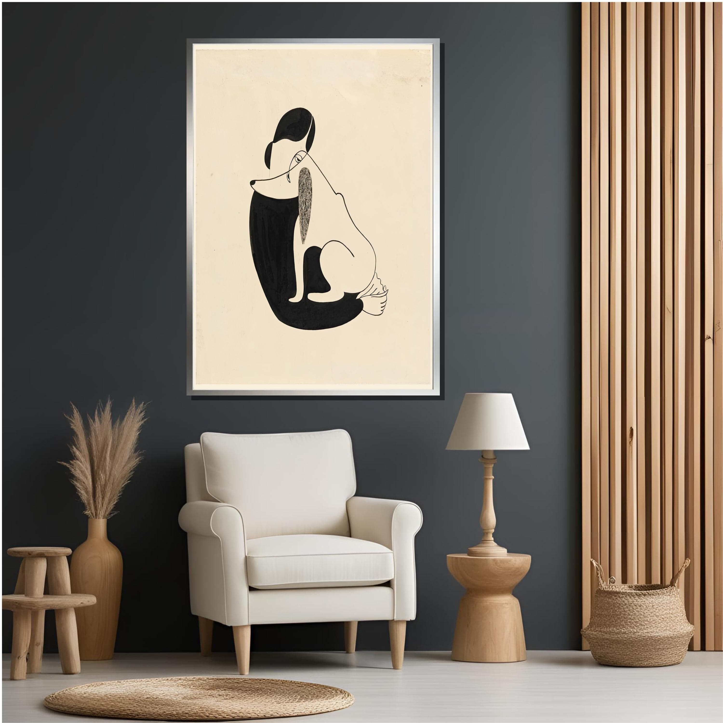 Woman and Dog Ink Illustration, Vintage Art Print, Ready to Hang Canvas - image 4
