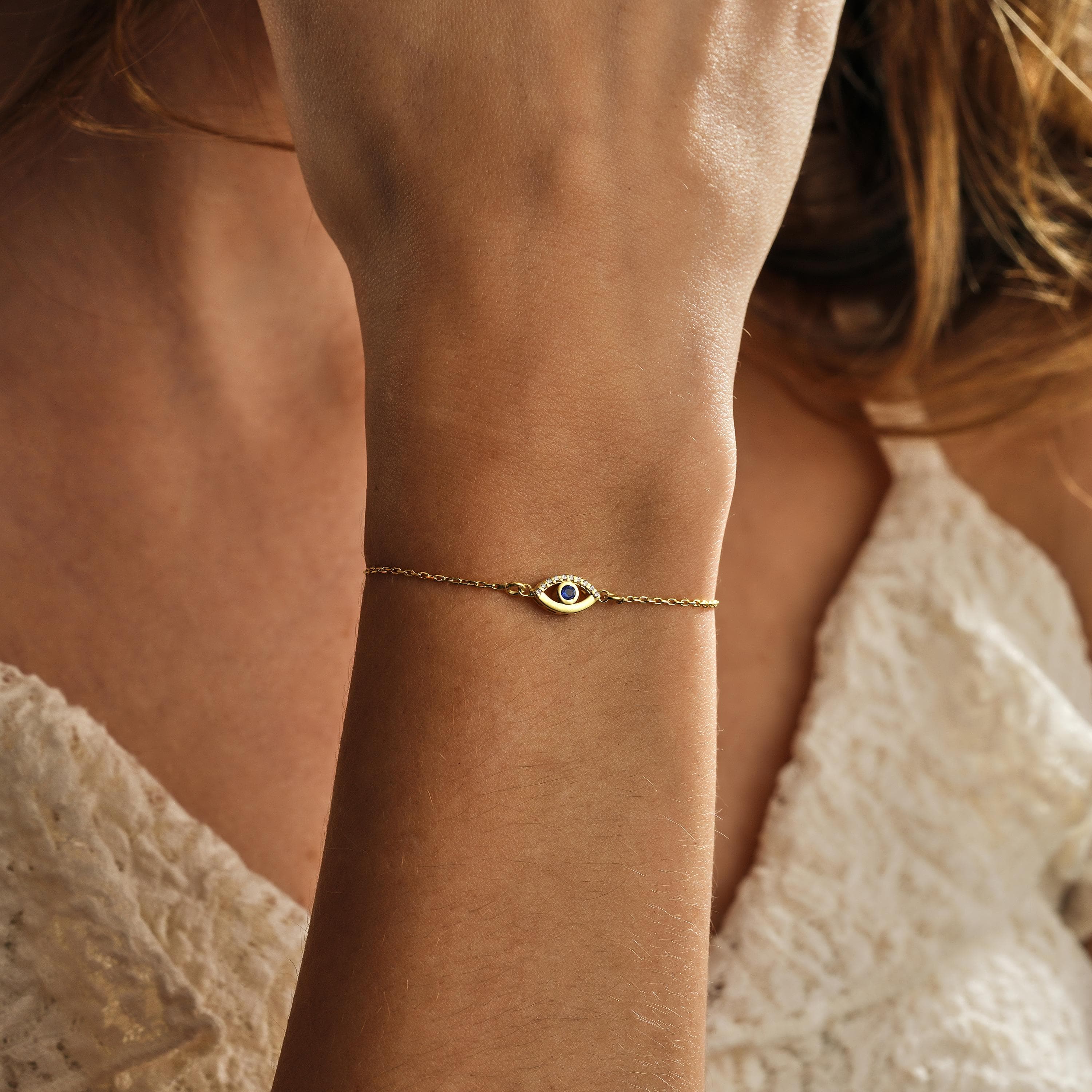 Dainty Evil Eye Bracelet Gold Plated Sterling Silver Protection Jewelry - image 3