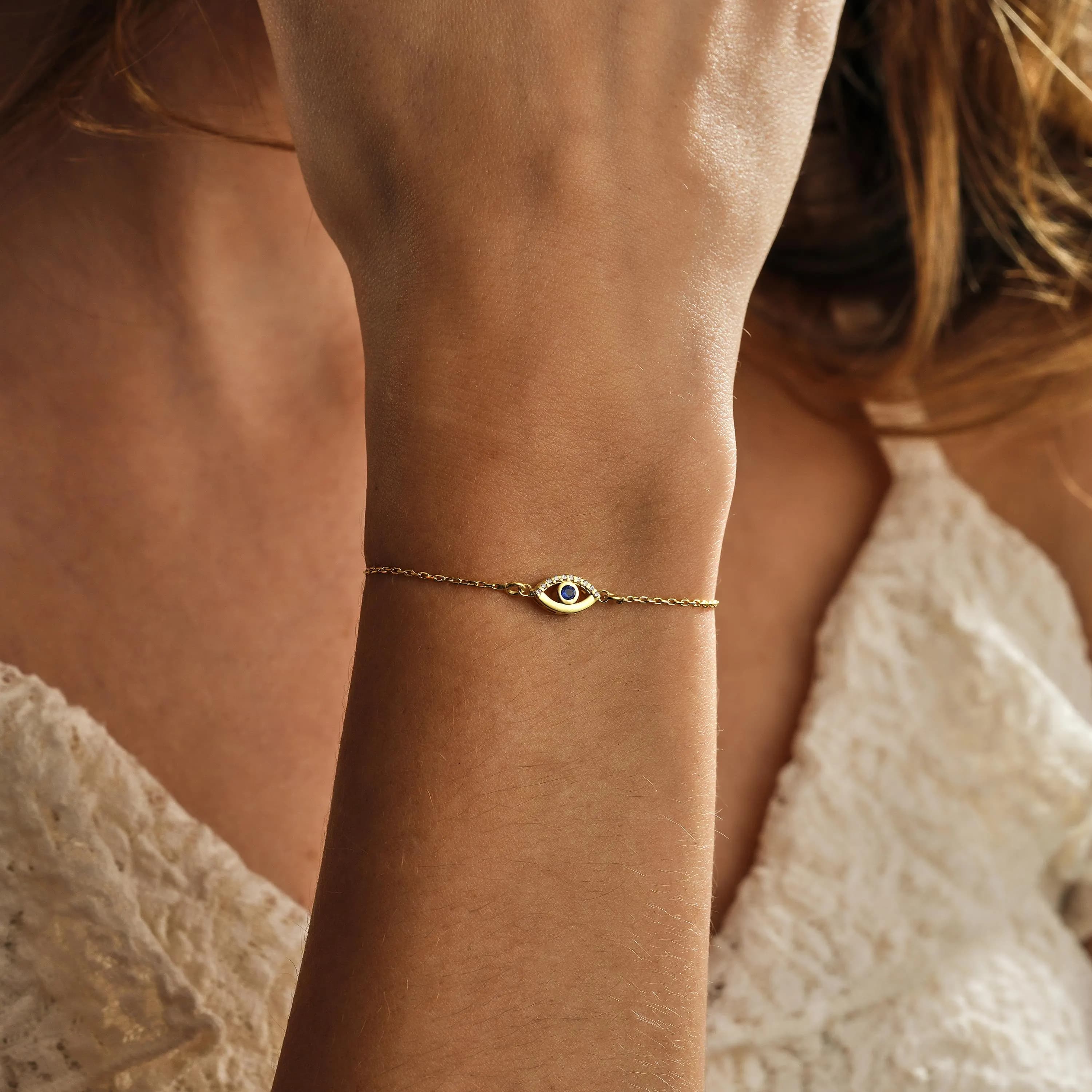 Dainty Evil Eye Bracelet Gold Plated Sterling Silver Protection Jewelry - image 5