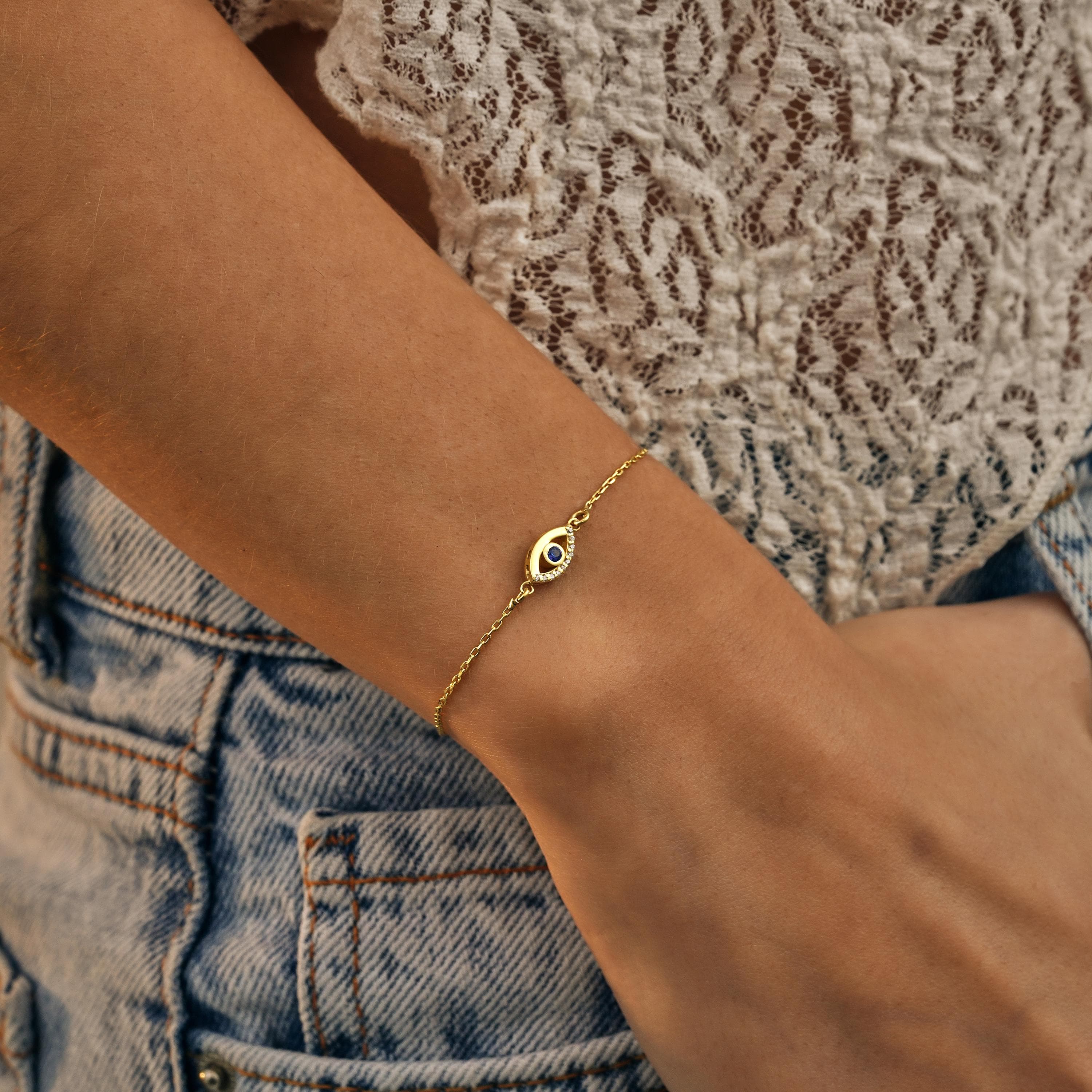 Dainty Evil Eye Bracelet Gold Plated Sterling Silver Protection Jewelry