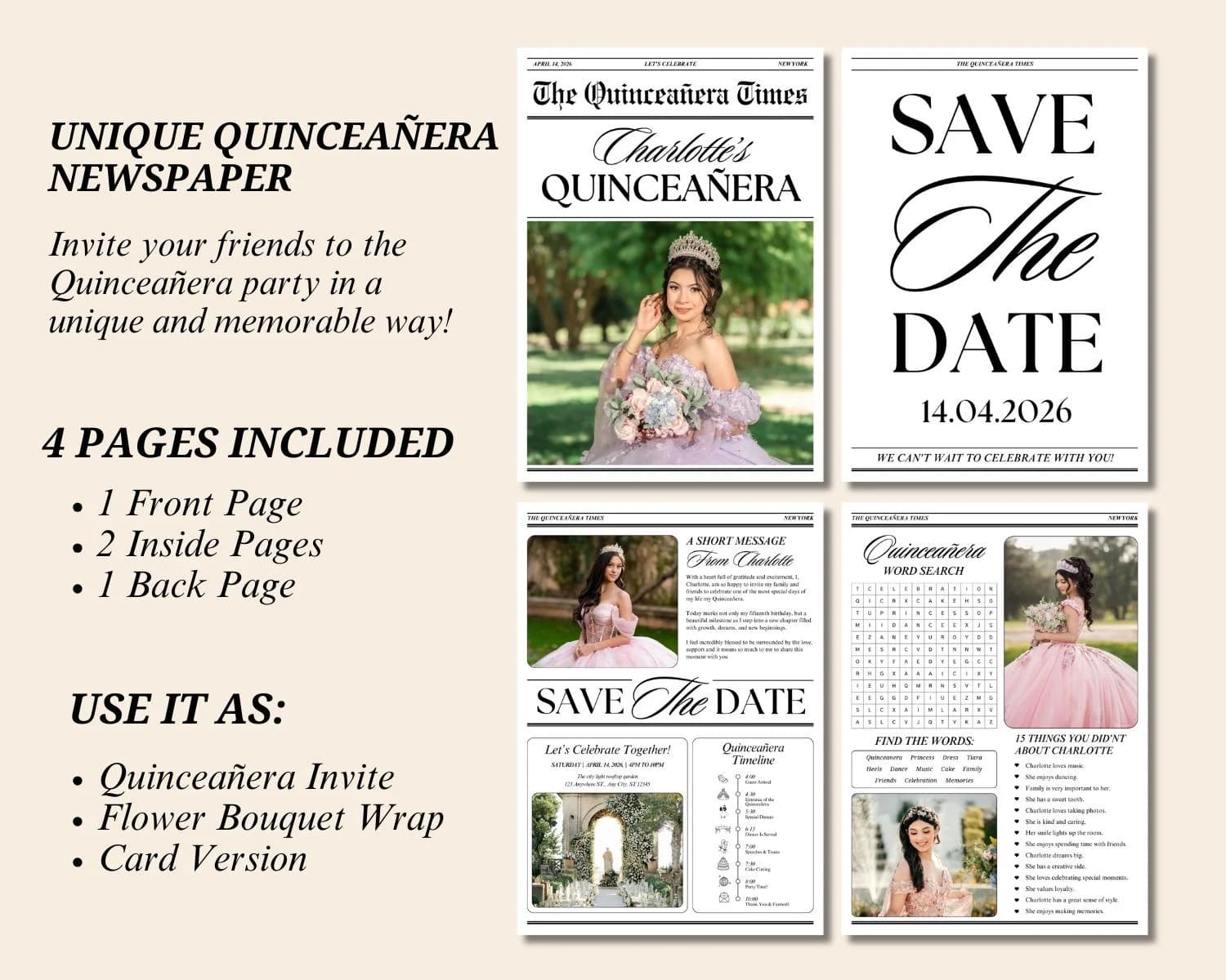Quinceanera Save The Date Newspaper, Editable Canva Template, Quinceañera invitation, Quince Photoshoot Newspaper, Sweet 15 Newspaper Invite - image 5