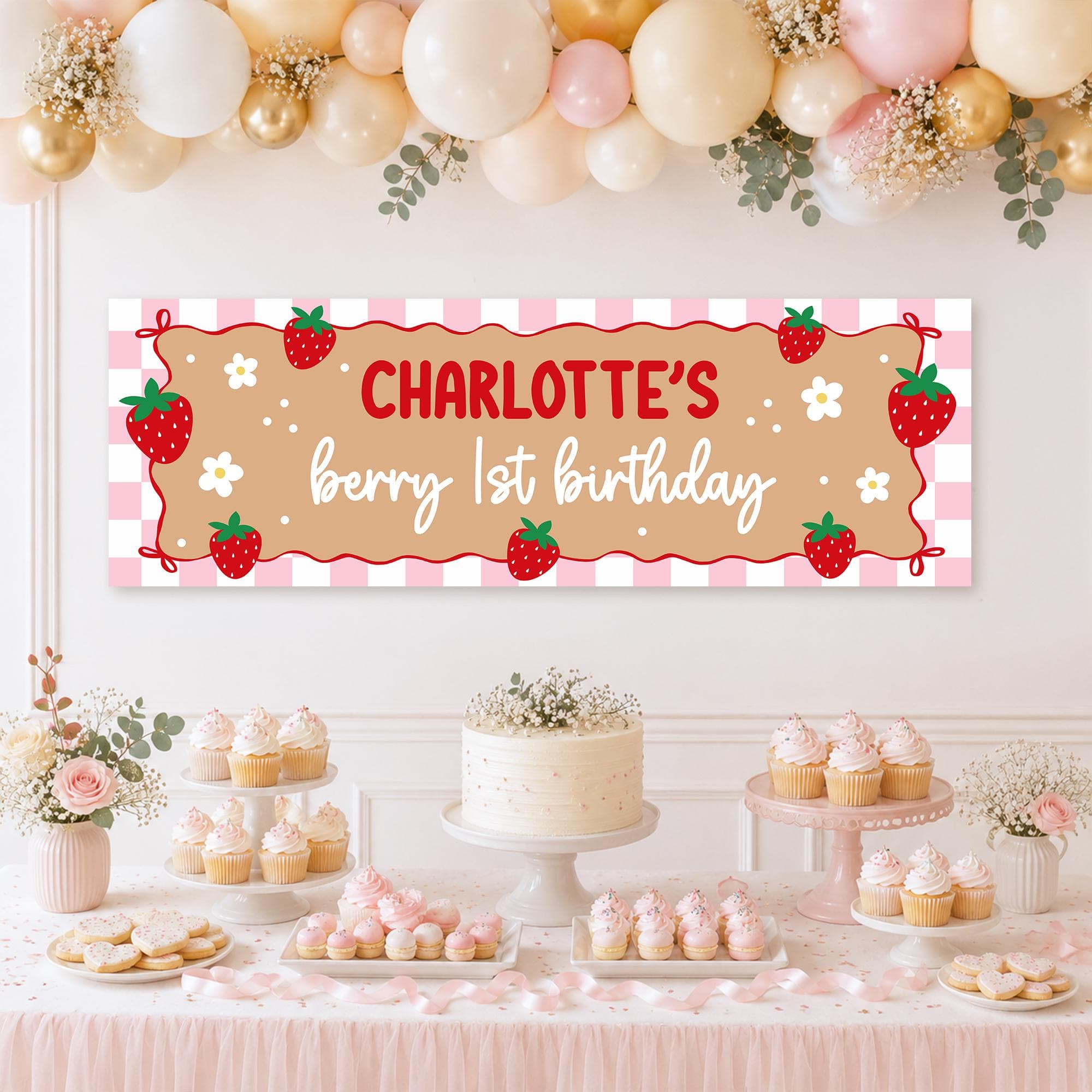 Strawberry Berry First Birthday Banner Editable Berry 1st Birthday Decor Pink Gingham Sweet One Party Decor Kraft Paper Party Backdrop Canva - image 3