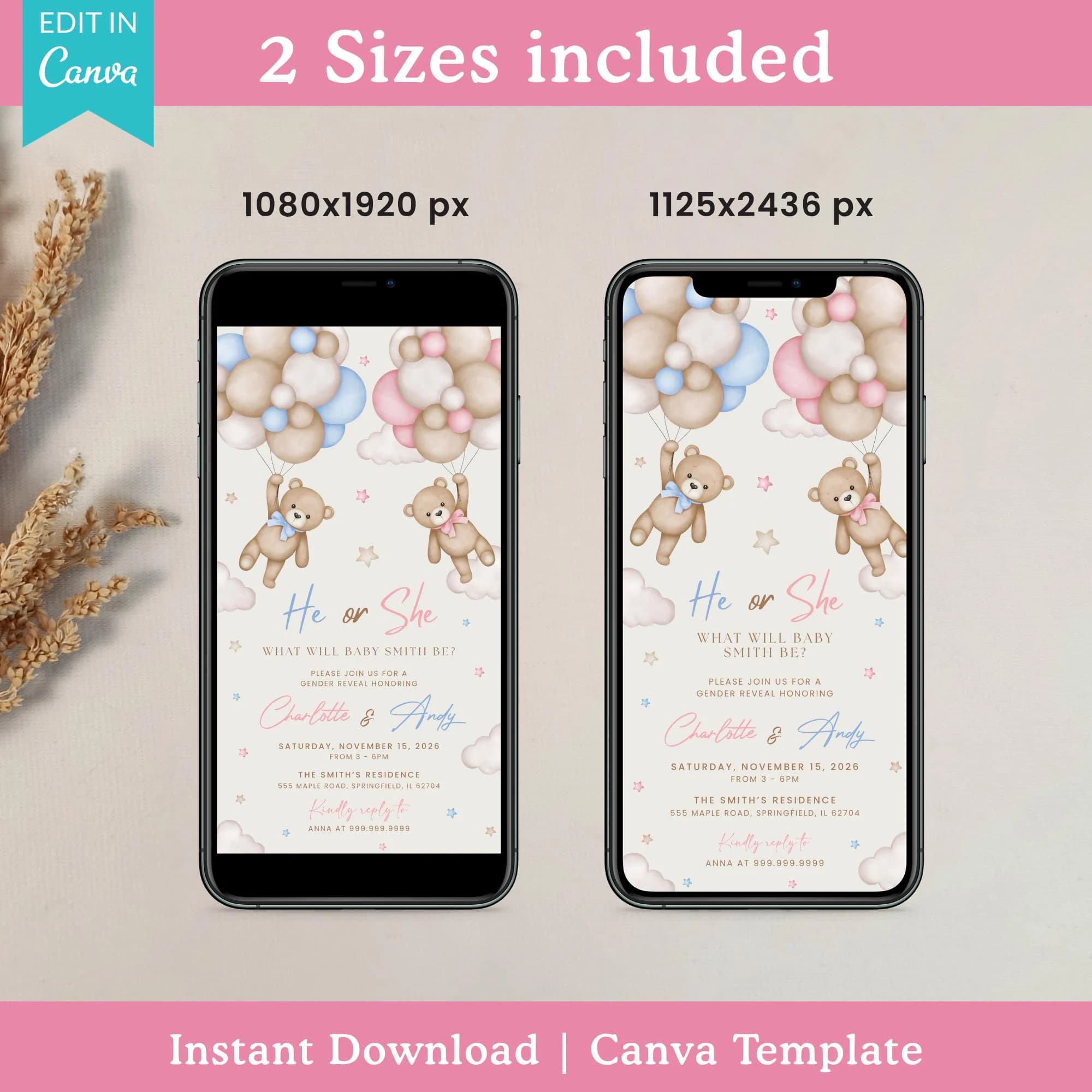 Bear Gender Reveal Evite Teddy Bear Digital Invitation Gender Reveal, Electronic Gender Reveal for Phone, He or She Editable Mobile Template - image 3