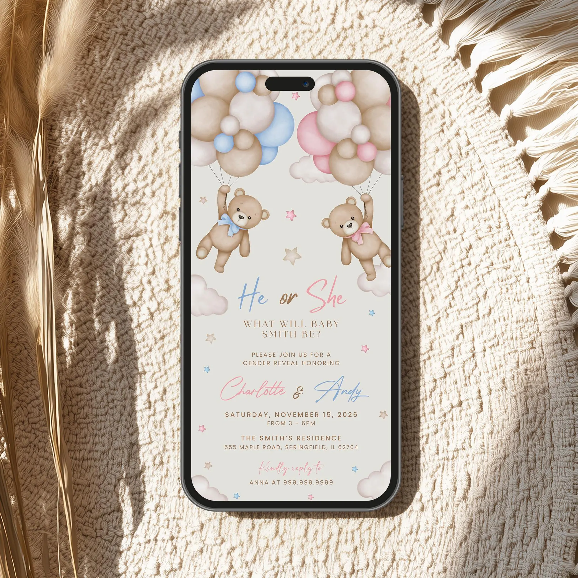 Bear Gender Reveal Evite Teddy Bear Digital Invitation Gender Reveal, Electronic Gender Reveal for Phone, He or She Editable Mobile Template - image 5