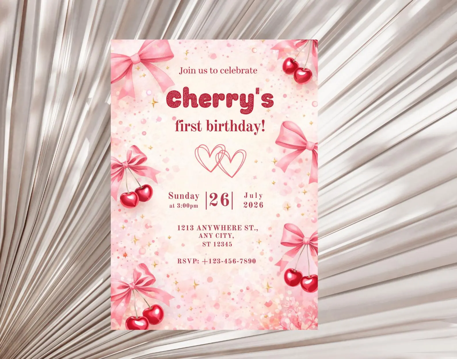 Cherry First Birthday Invitation, Pink Bows, Watercolor Cherry Theme (Digital Download)
