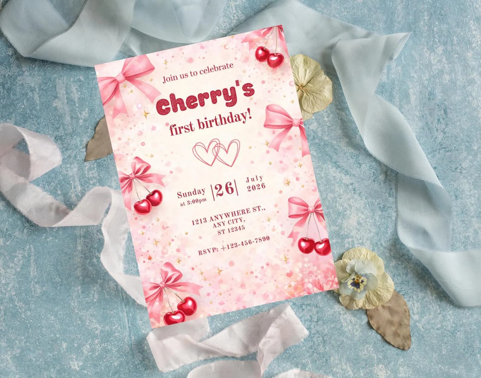 Cherry First Birthday Invitation, Pink Bows, Watercolor Cherry Theme (Digital Download)