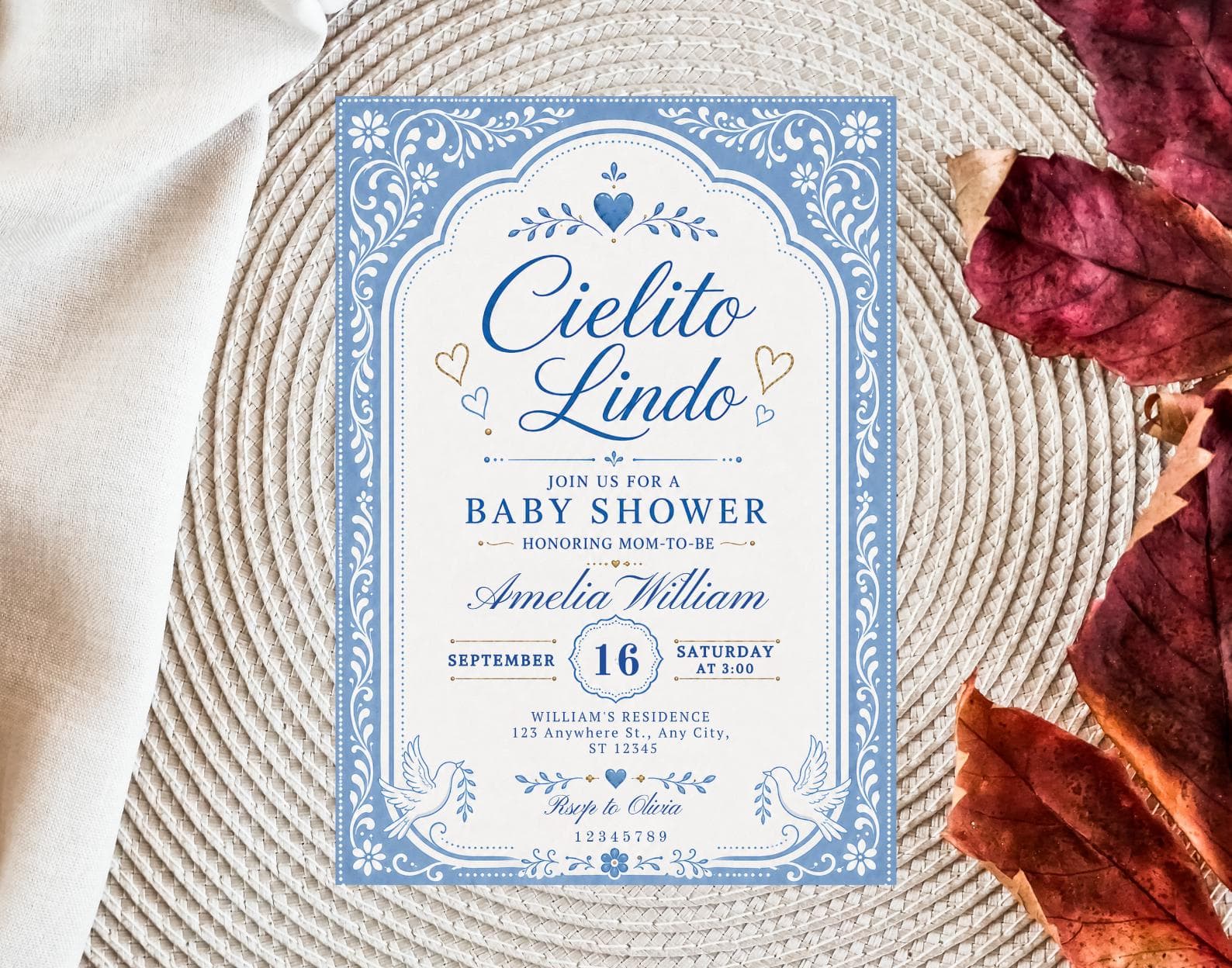 Cielito Lindo Baby Shower Invitation, Dusty Blue Mexican Talavera Papel Picado (Canva Template)