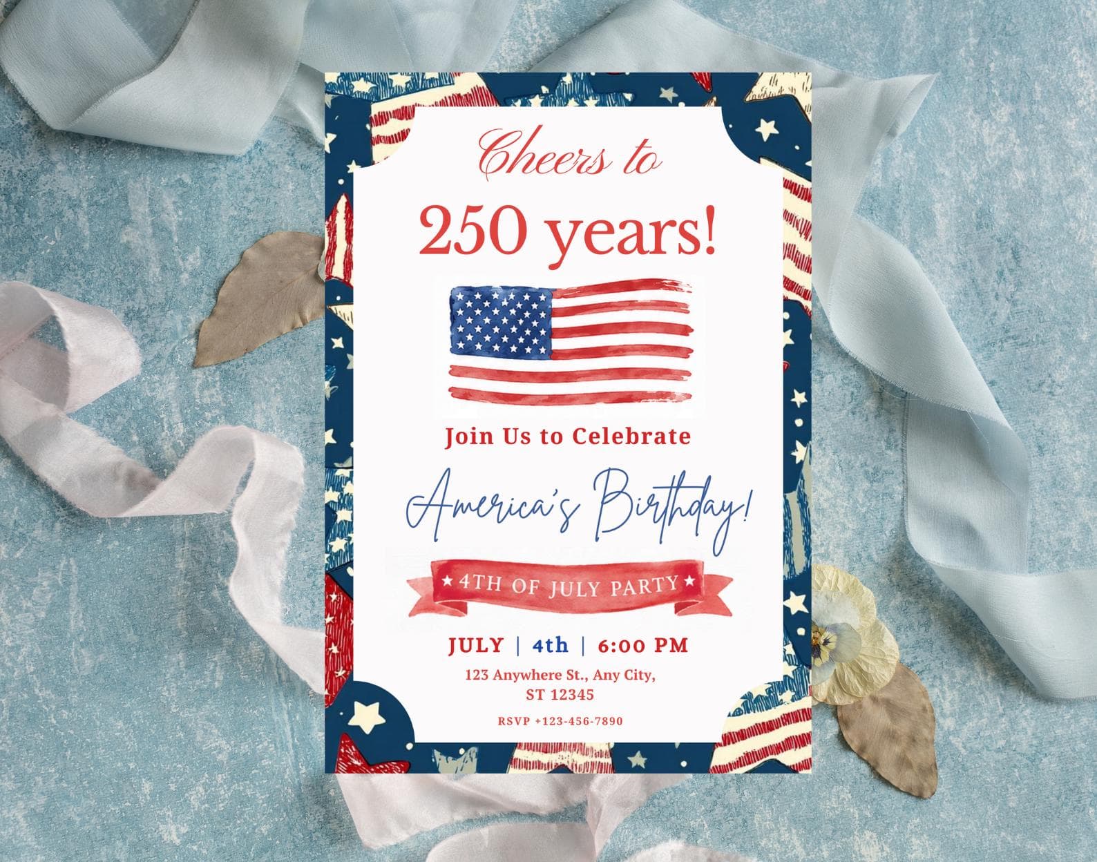 America 250th Birthday Invitation, Patriotic 4th of July BBQ Party (Editable Canva Template)
