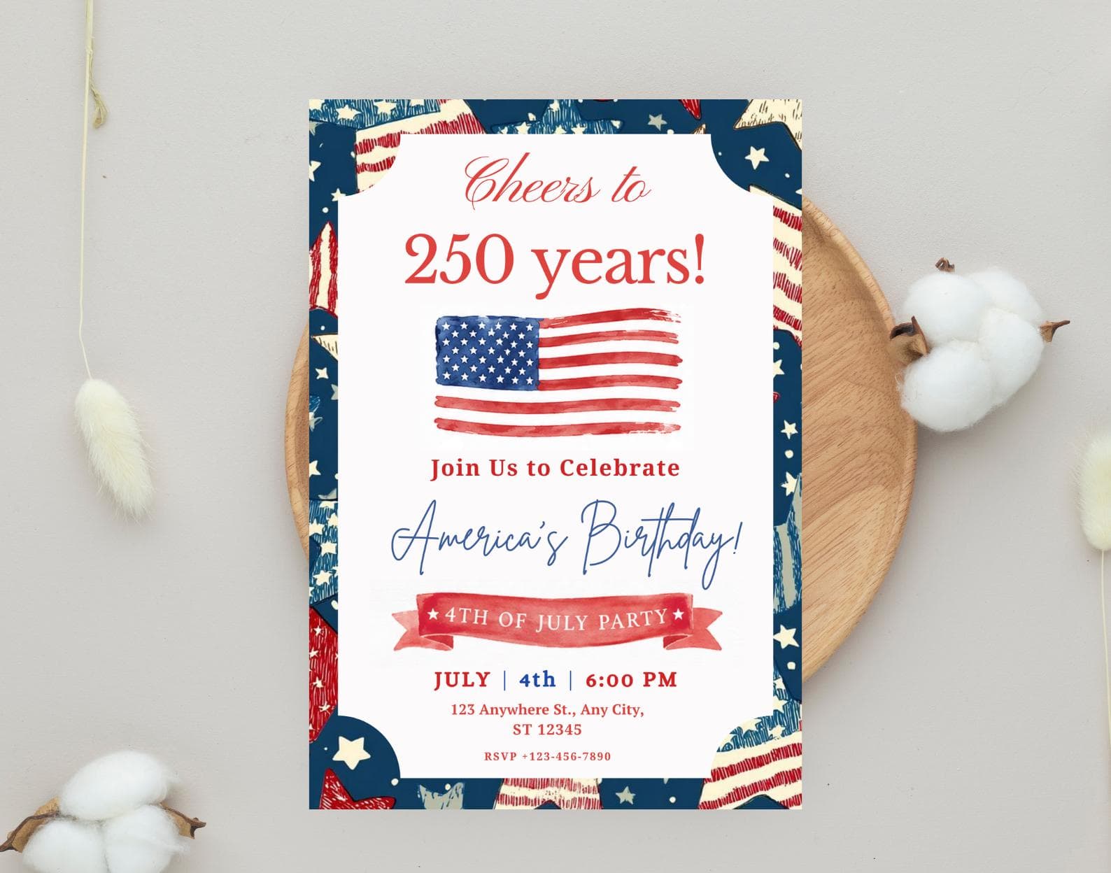 America 250th Birthday Invitation, Patriotic 4th of July BBQ Party (Editable Canva Template)