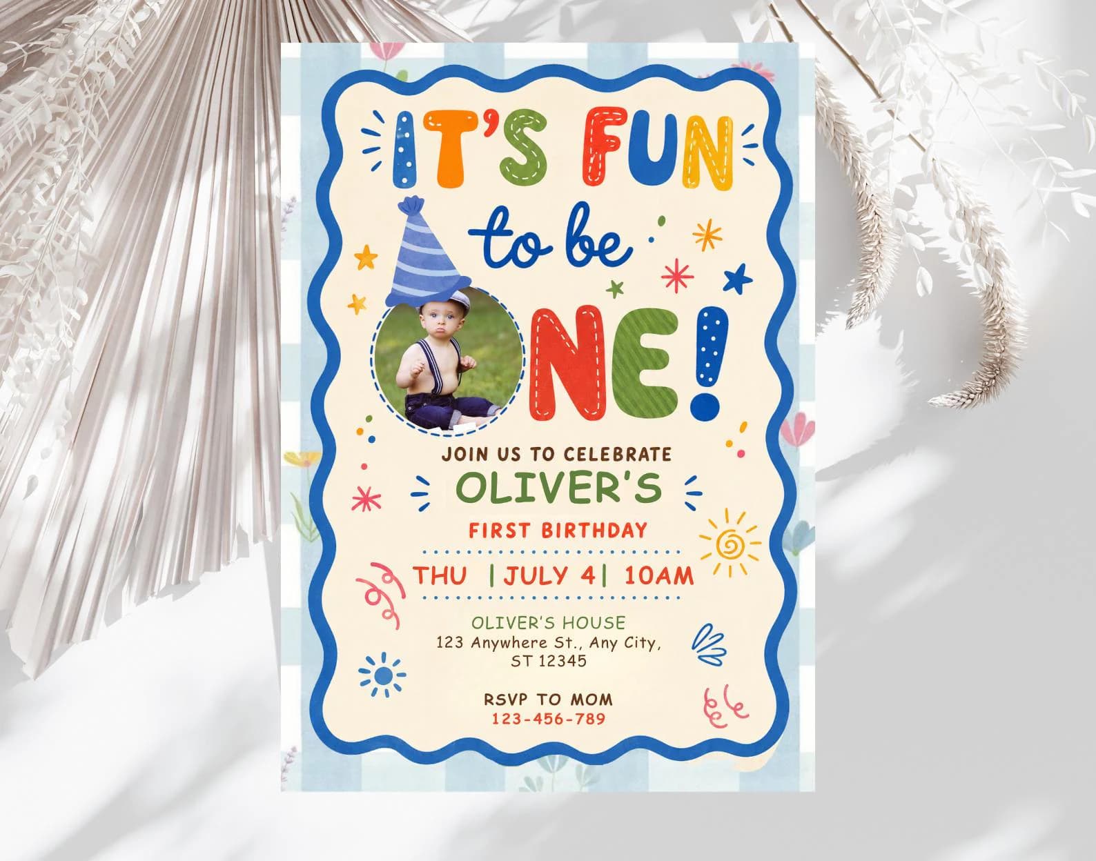 Its Fun To Be One First Birthday Invitation for Boys , Editable Canva Template