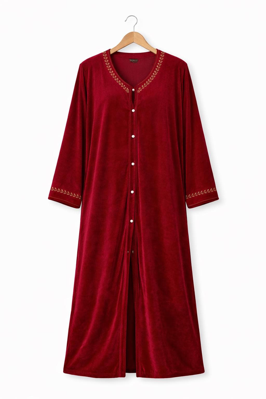 Embroidered Velvet Abaya, V-Neck Button Front Robe