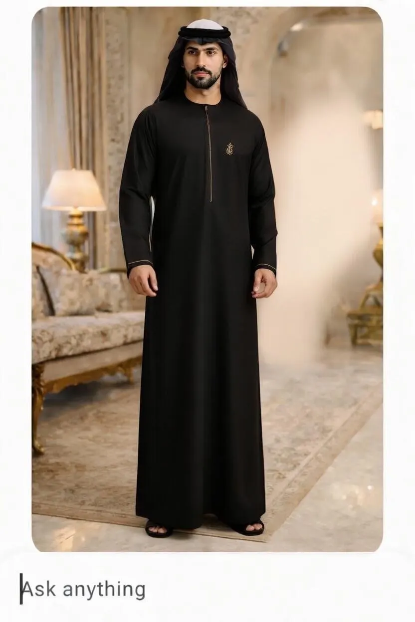 Black Saudi Thobe for Men, Elegant Arabic Jubba with Gold Embroidery