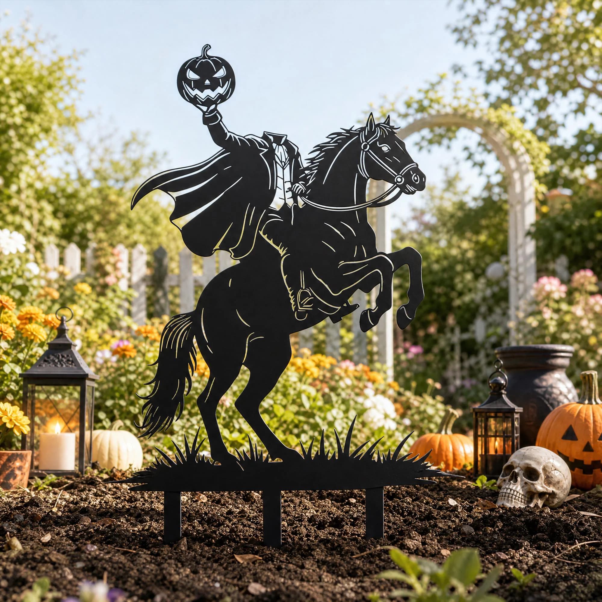 Headless Horseman Metal Garden Stake, Spooky Pumpkin Yard Decor, Rider On Horse Metal Yard Stake, Halloween Outdoor Lawn Art, Halloween Gift