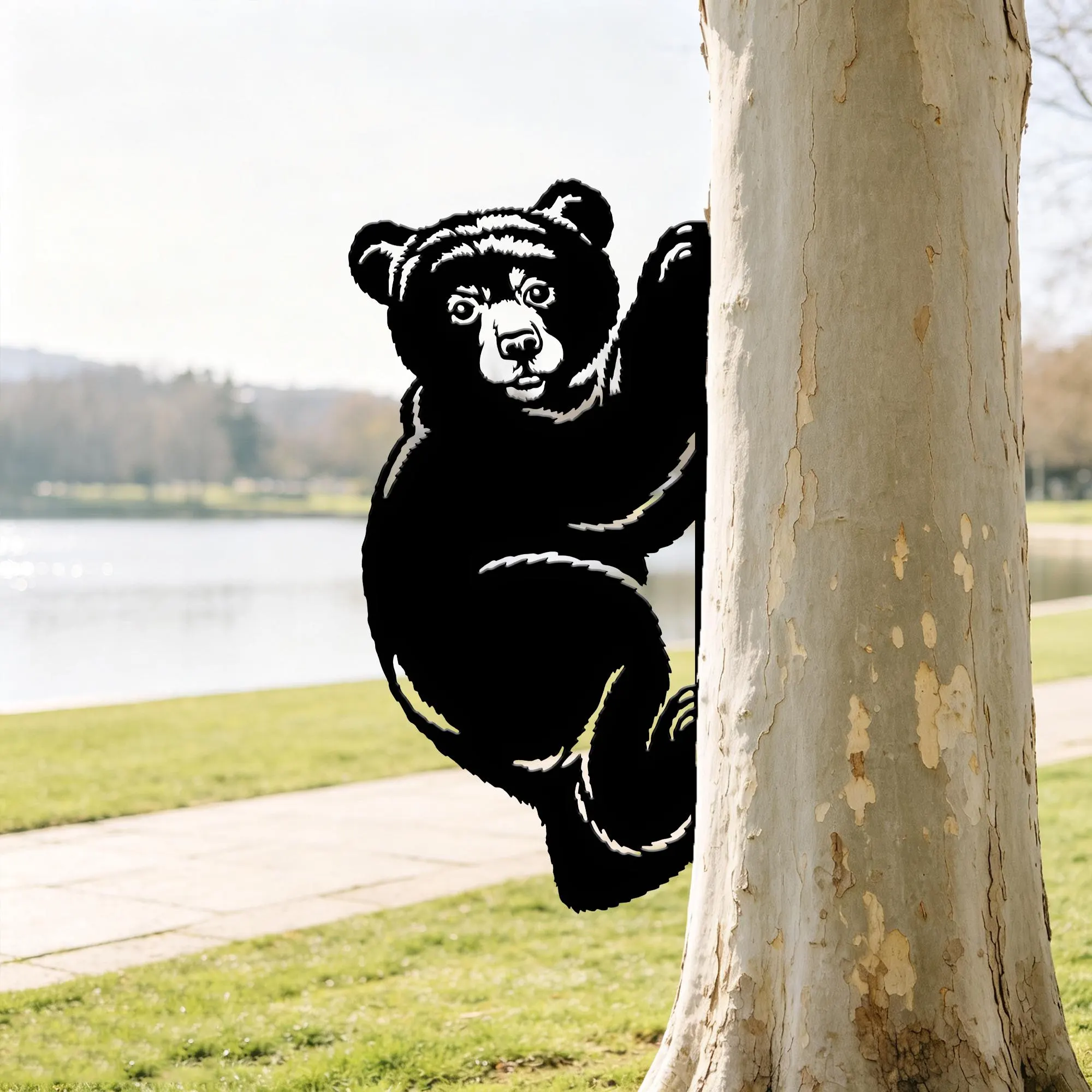 Curious Bear Peeking Silhouette Sign, Mount On Garden Fence Or Tree Trunk Decor, Playful Bear Outdoor Metal Sign, Outdoor Tree Decor - image 3