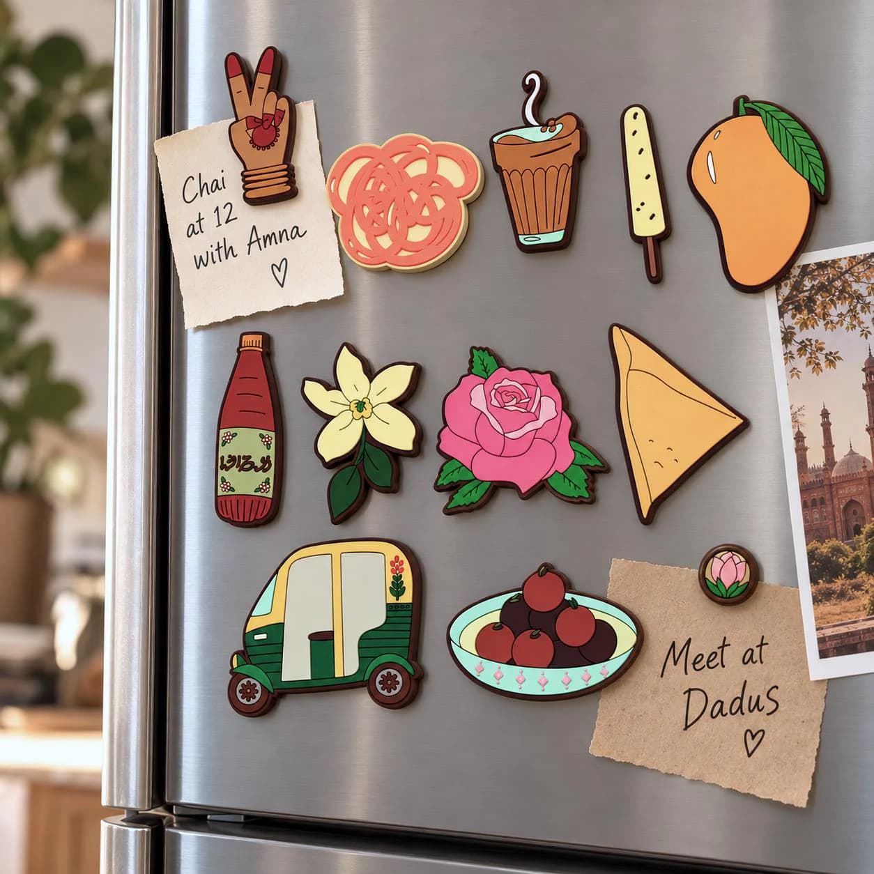 South Asian Magnets Set Of 11 Heritage Muslim gift modest wear hijab Desi Punjabi Lahore Urdu Jalebi Kulfi samosa ramadan rickshaw India