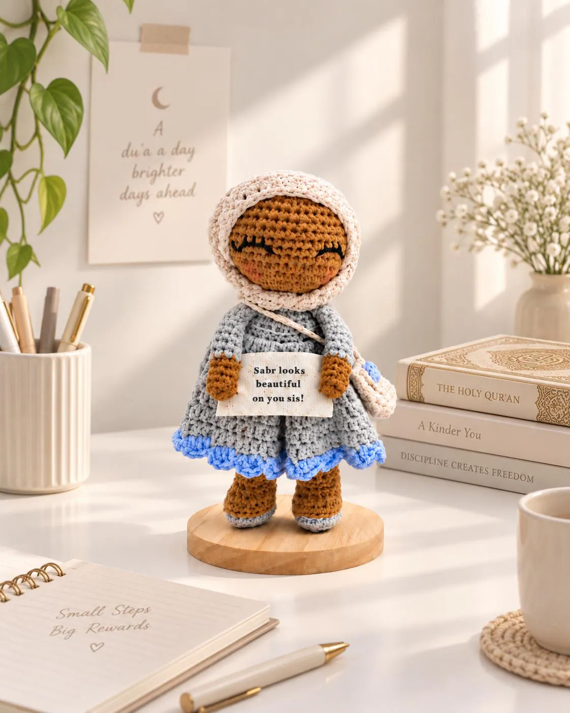 Giftable Muslim Hijabi Crochet Doll with Sabr Message Islamic Gifts for Muslim Student School Desk Decor Gift for Her Birthday Quran Party