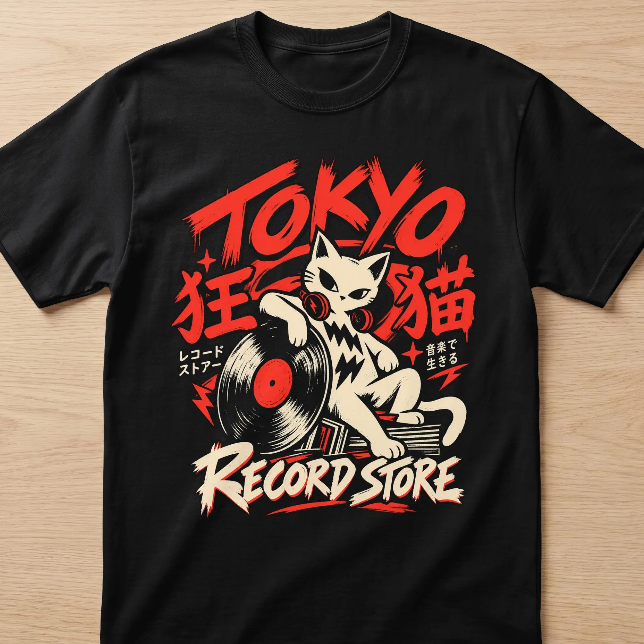 Black t-shirt with a white cat wearing headphones holding a record with "Tokyo Record Store" text.