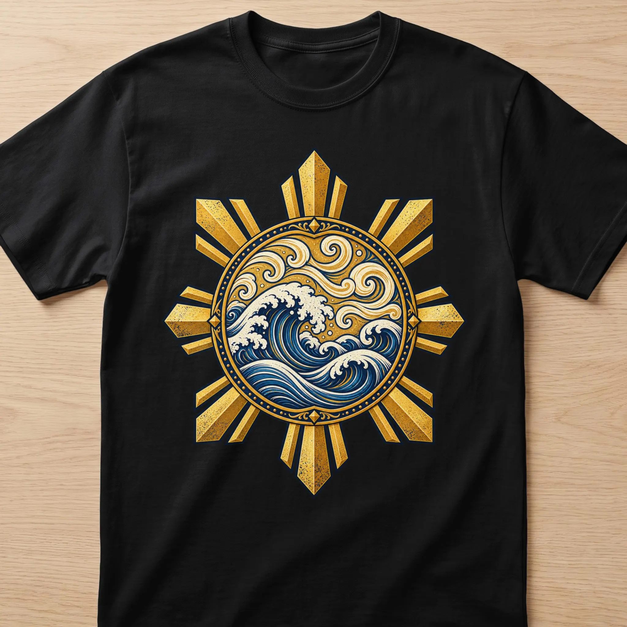 Black t-shirt with a gold sunburst emblem featuring stylized blue waves.