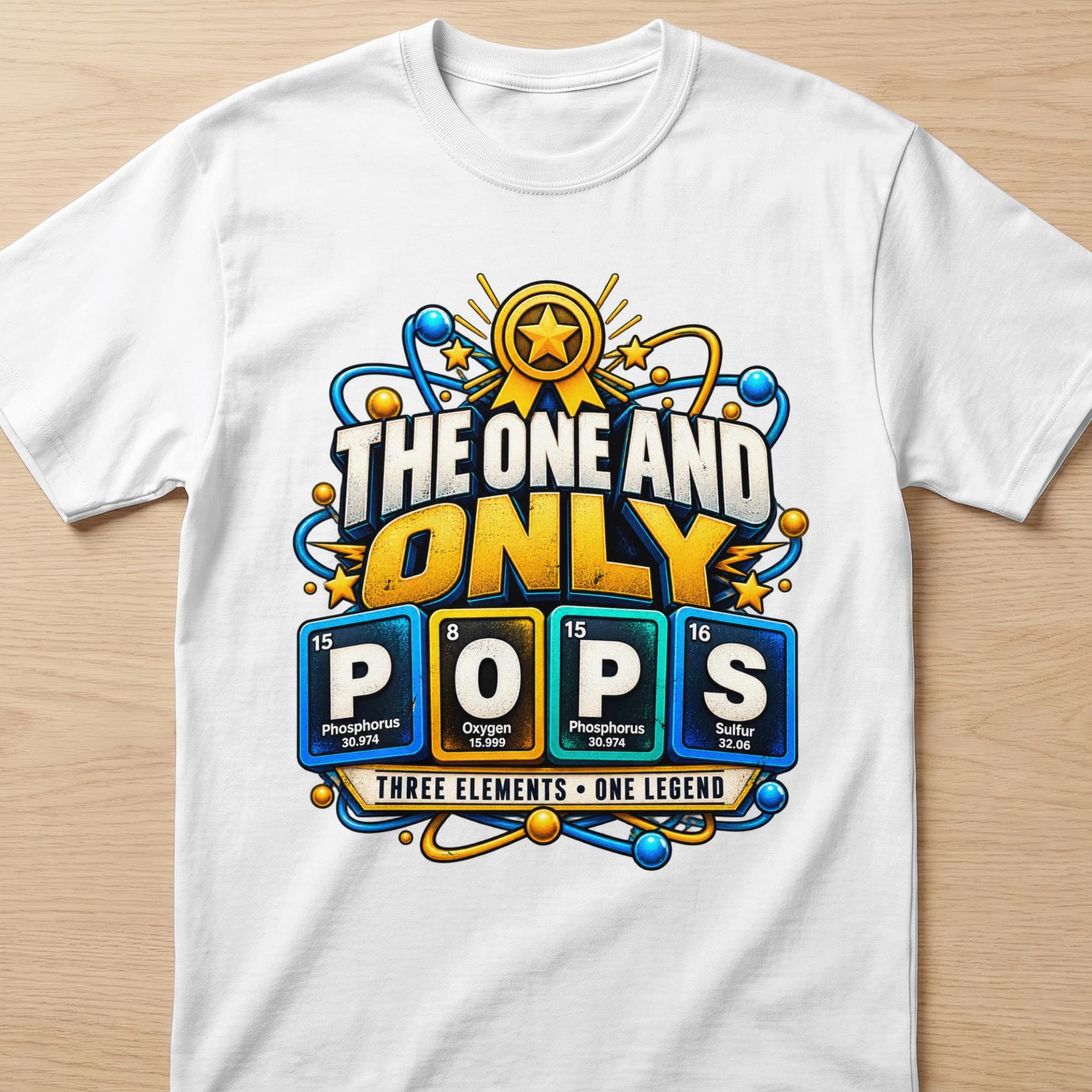 White t-shirt with "The One and Only Pops" in periodic table elements.