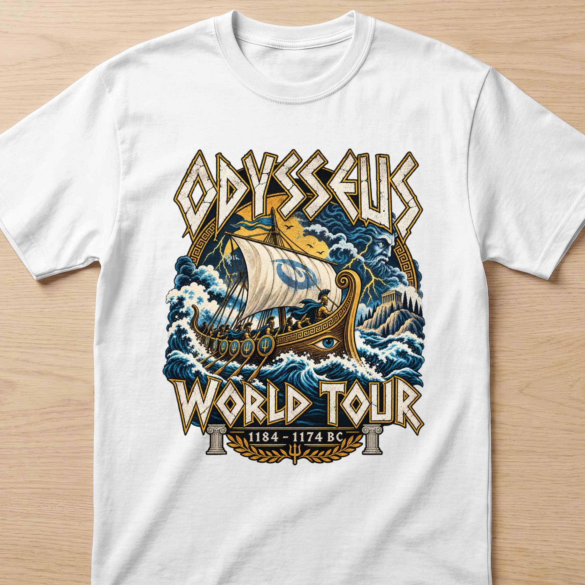 Odysseus World Tour shirt with ancient Greek ship and mythological figures.