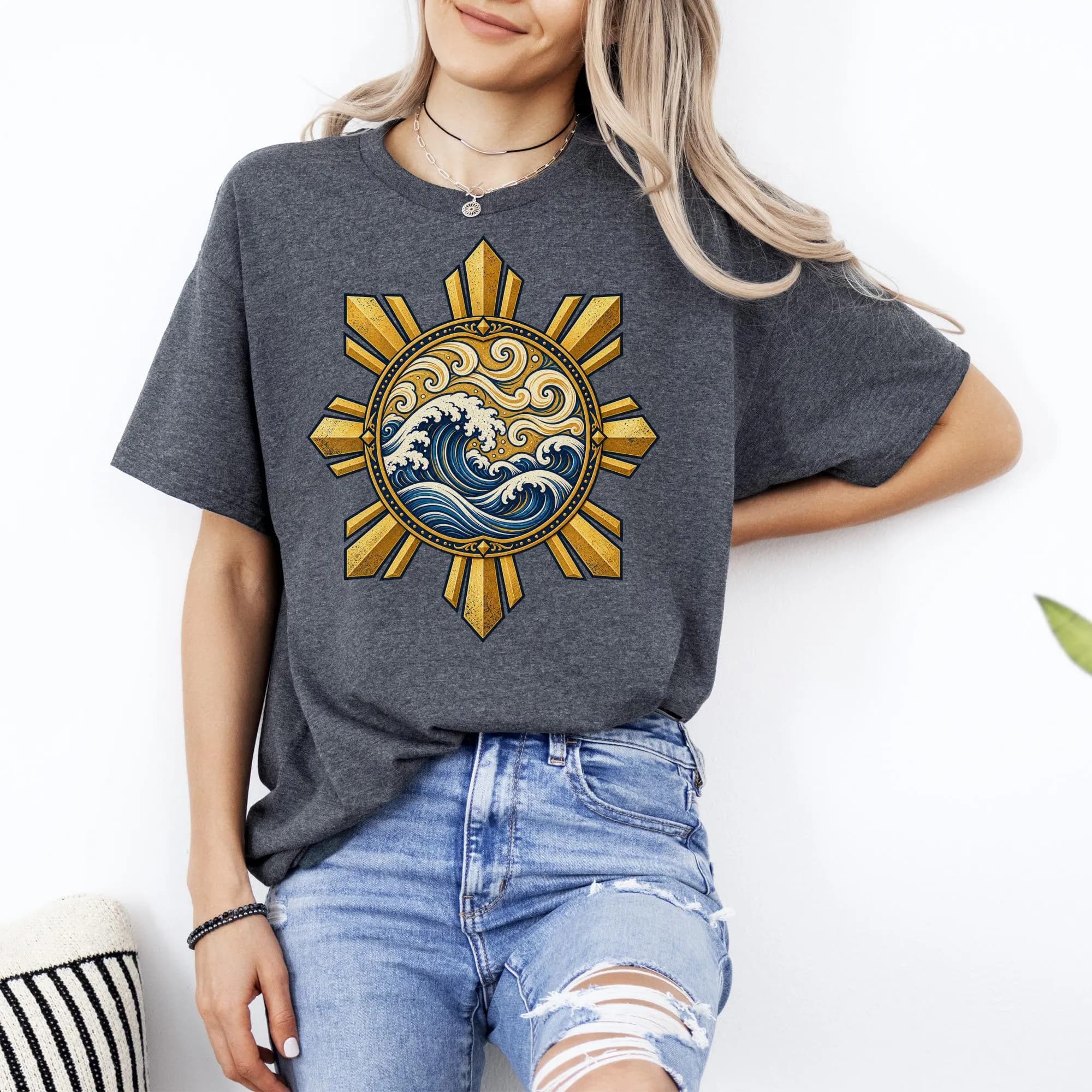 Dark grey t-shirt with a golden sun symbol featuring blue ocean waves.