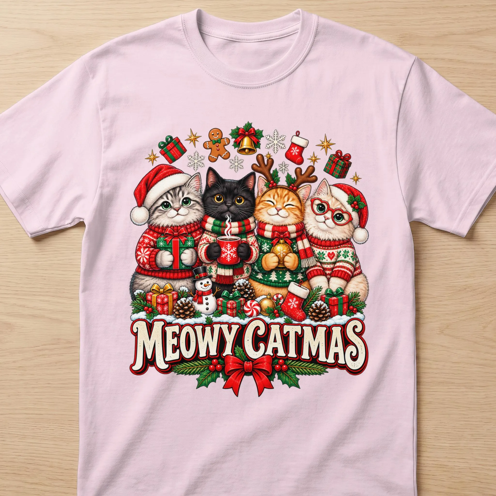 Four cats in Christmas sweaters and hats with "Meowy Catmas" text.