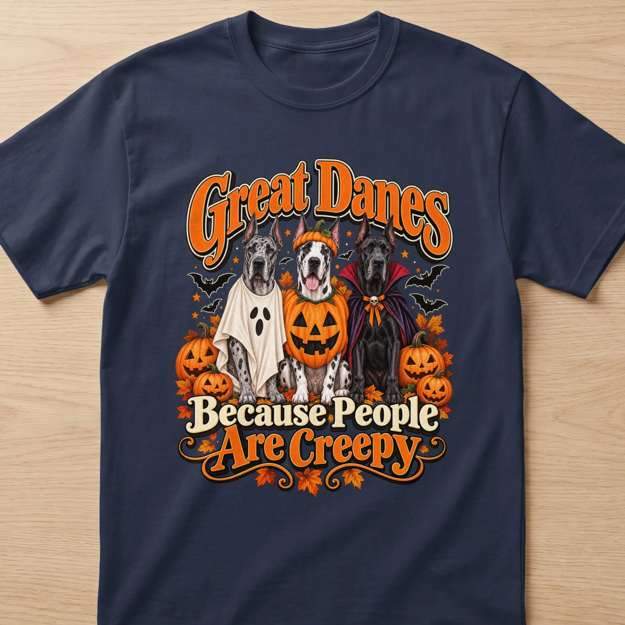 Great Danes in Halloween costumes with pumpkins and bats, text "Great Danes Because People Are Creepy".