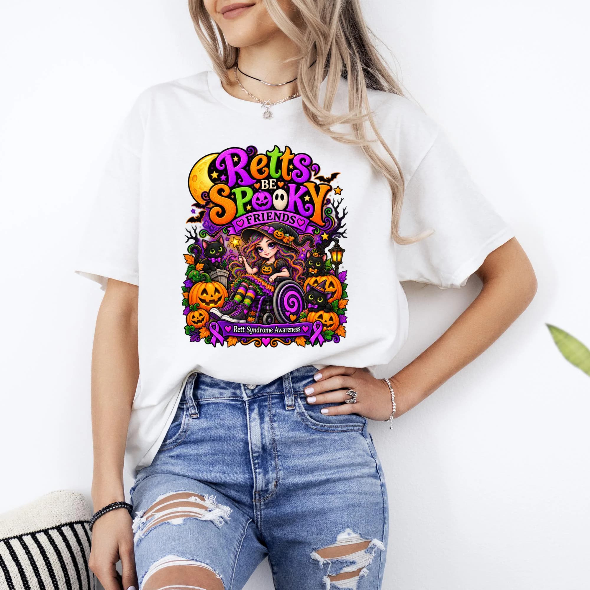 Halloween graphic with girl in wheelchair and text "Retts be Spooky Friends"