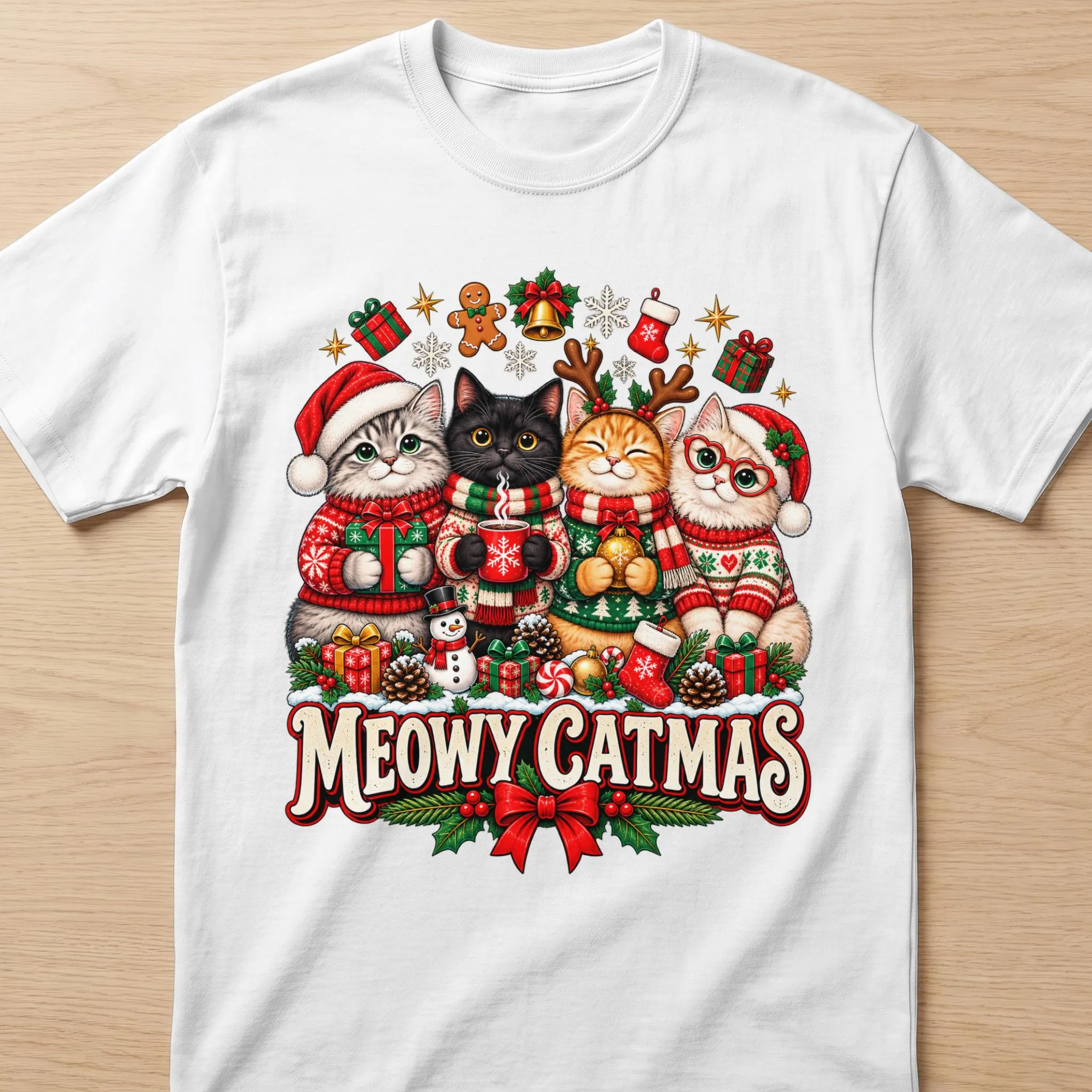 Four cats in Christmas sweaters and hats with the text "Meowy Catmas".