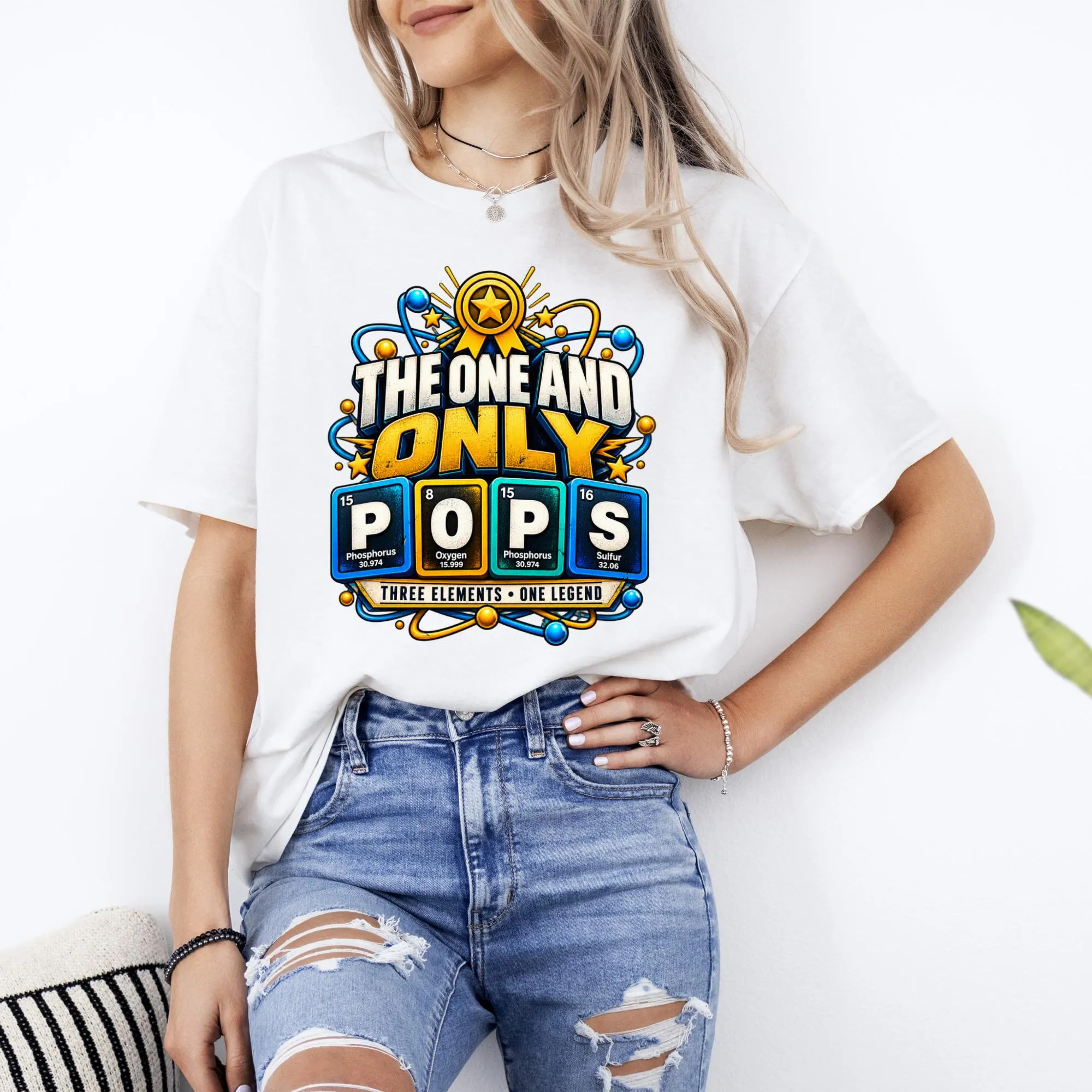 White t-shirt with "The One and Only Pops" graphic using periodic table elements.