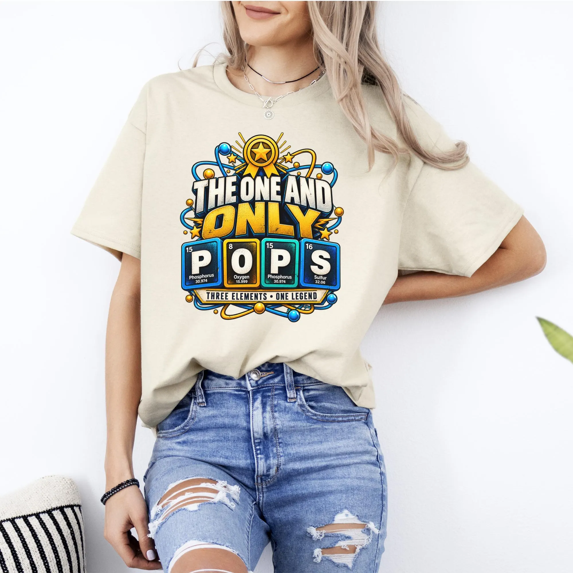 Shirt with "The One and Only Pops" in periodic table style.