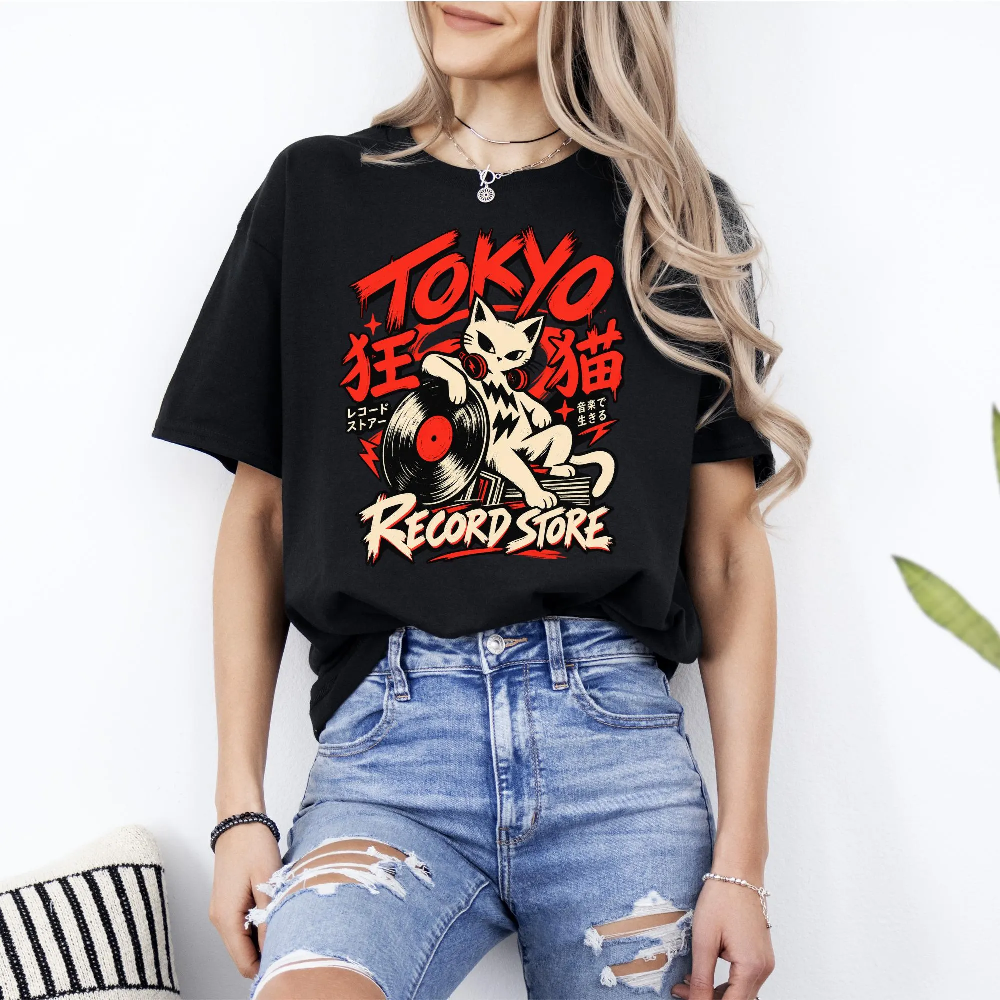 Black t-shirt with "Tokyo Record Store" graphic featuring a cat holding a record.