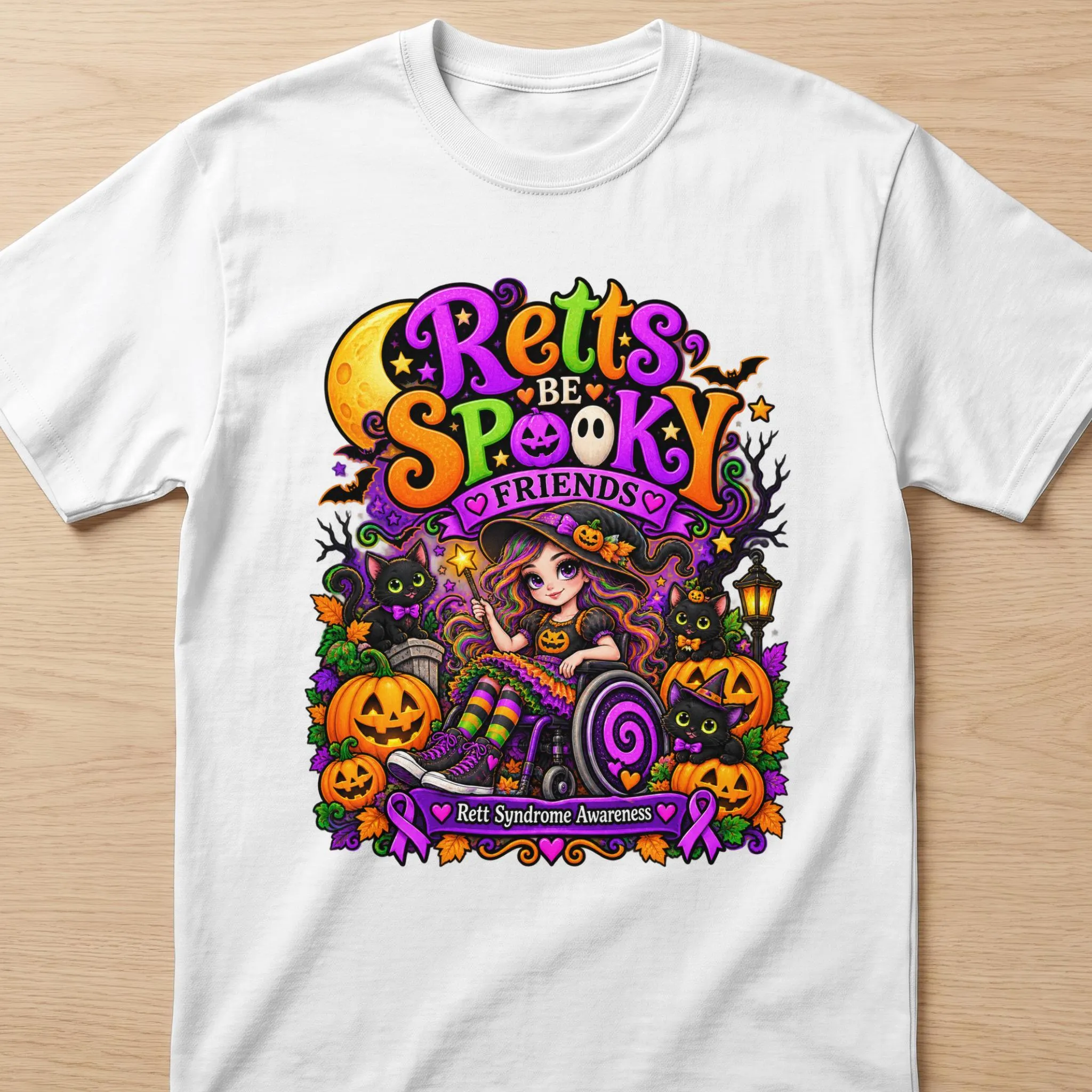 "Retts be Spooky Friends" Halloween design featuring a girl in a wheelchair, pumpkins, and black cats.