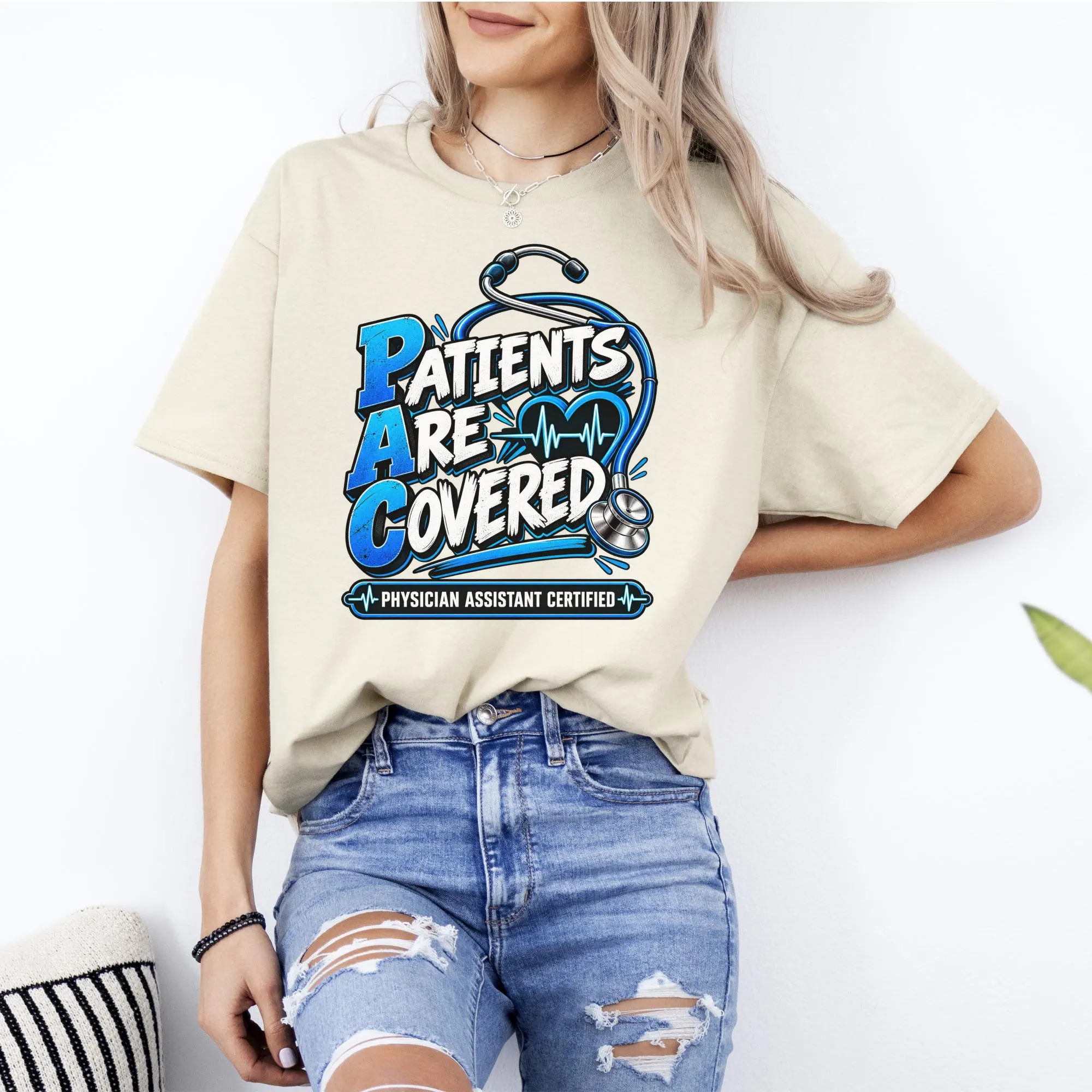 T-shirt with "Patients Are Covered" and "Physician Assistant Certified" text.