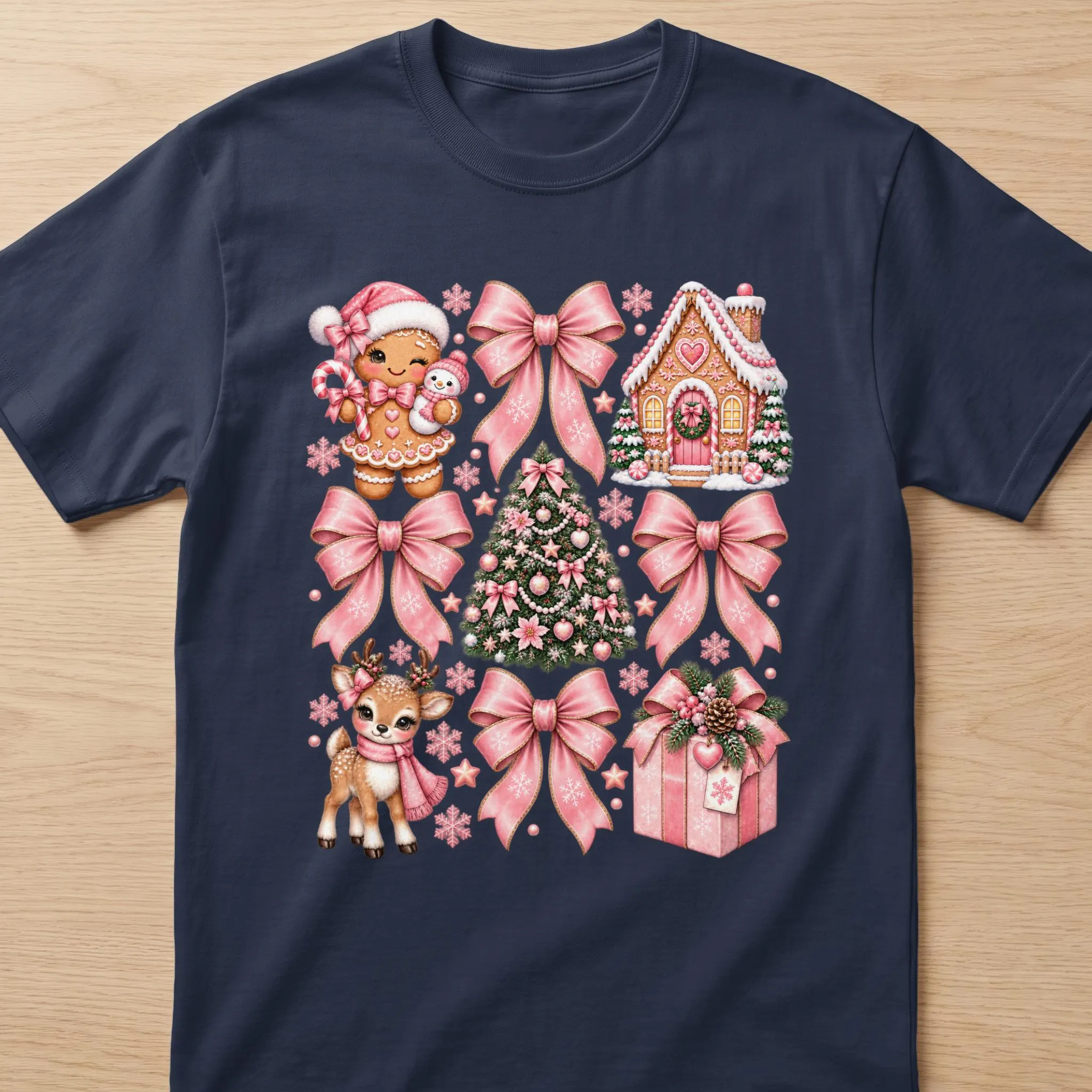 Gingerbread girl, deer, Christmas tree, gift box, and bows on navy t-shirt.