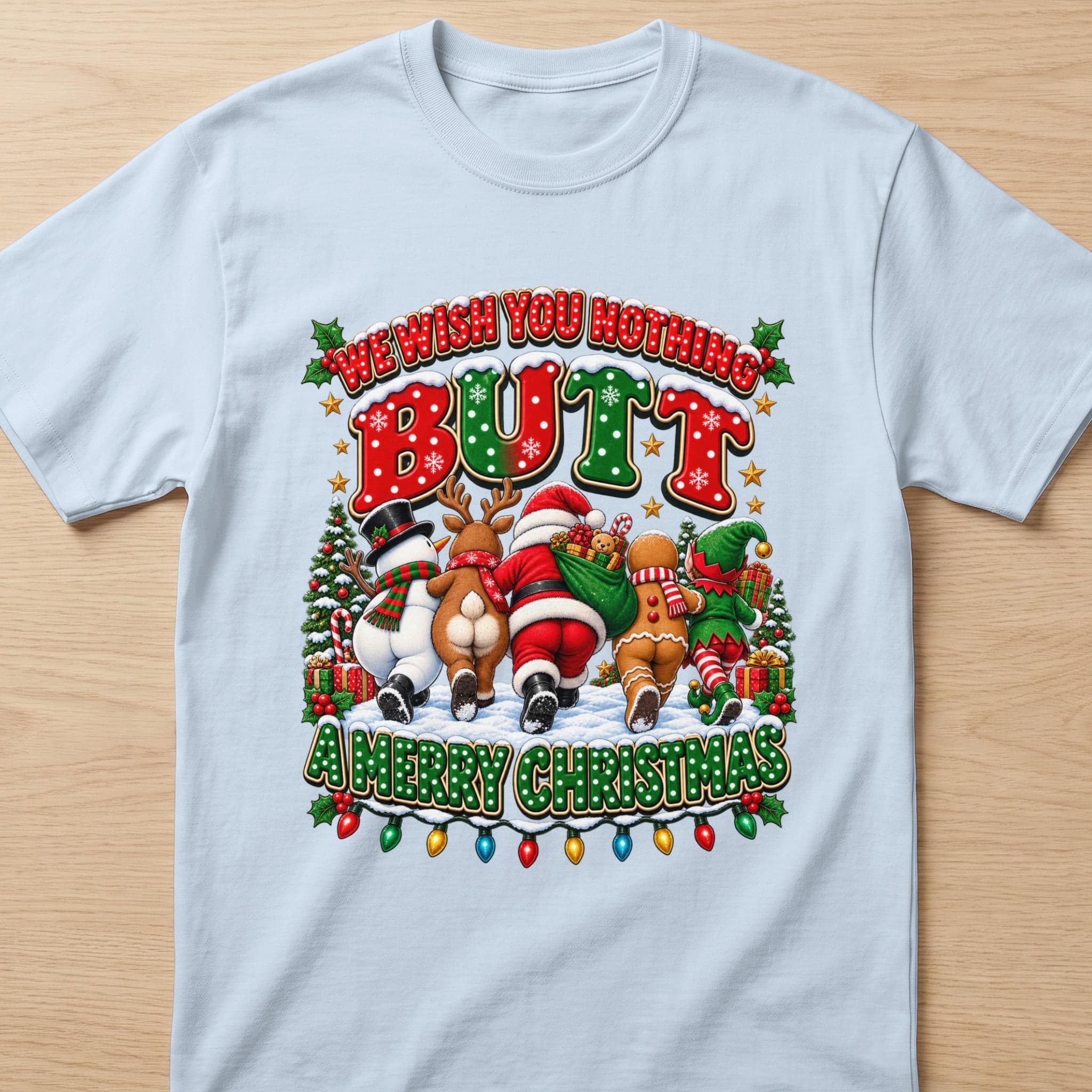 Snowman, reindeer, Santa, gingerbread man, and elf walking in snow with text.