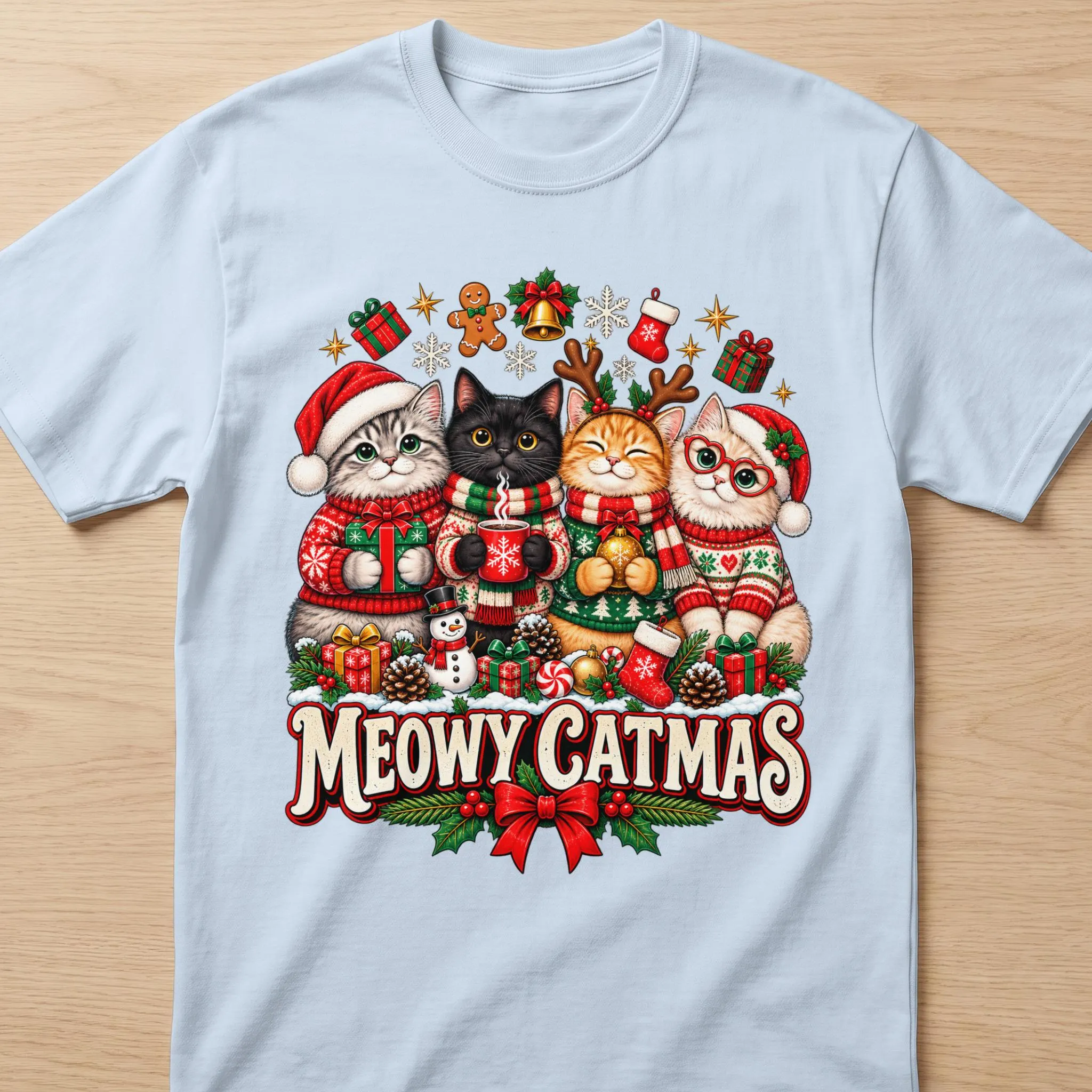 Four cats in Christmas sweaters with text "MEOWY CATMAS" and festive decorations.