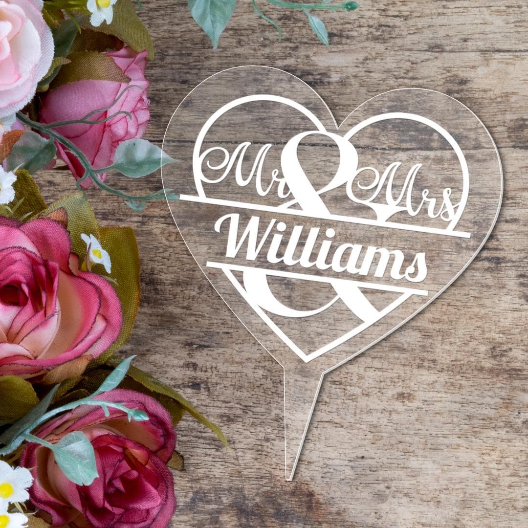 Personalised Mr & Mrs Wedding Cake Topper Engraved Heart Acrylic Decoration Gift - image 3