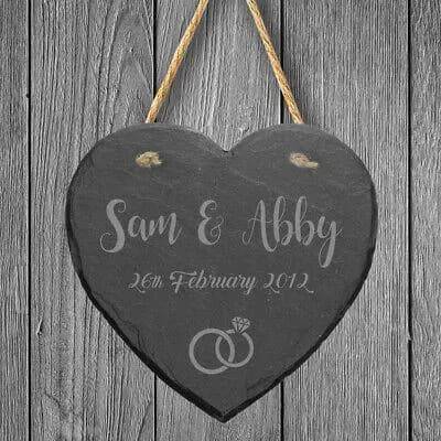 Personalised Hanging Slate Heart Rings Engraved Plaque Wedding Engagement Gift - image 4