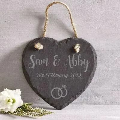 Personalised Hanging Slate Heart Rings Engraved Plaque Wedding Engagement Gift - image 5