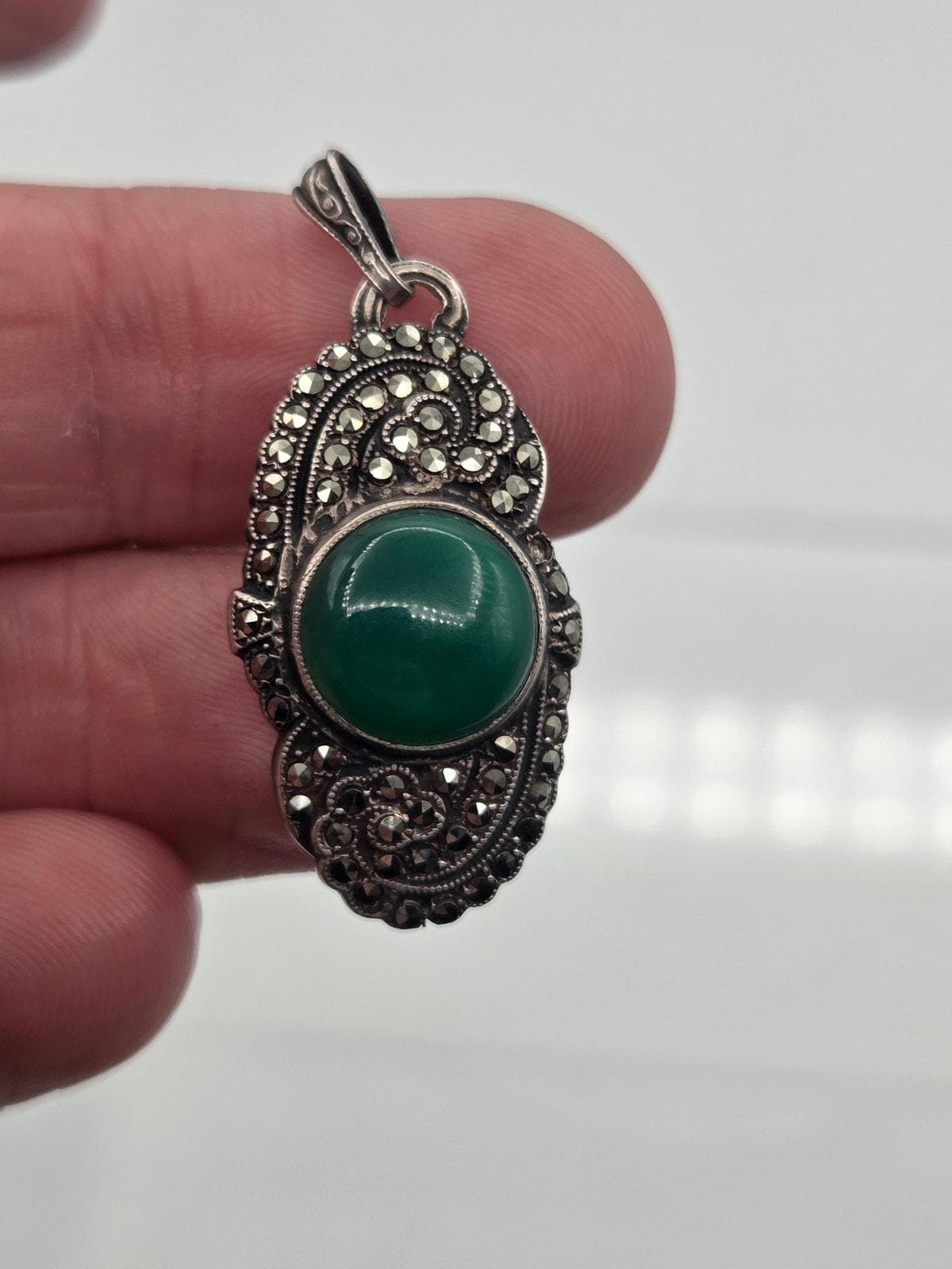 Antique Sterling Silver Marcasite Green Agate Pendant Art Deco 1.25" - image 3