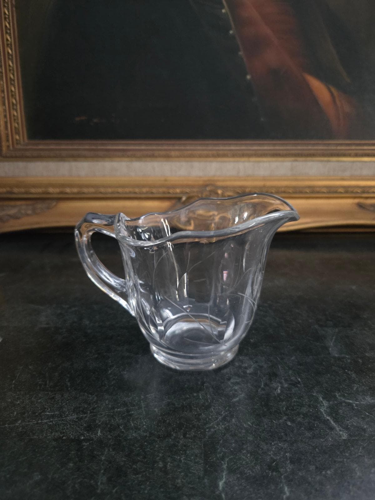 Vintage UV Reactive Pressed Glass Creamer Etched Leaf Scalloped Rim 3.5" - image 3