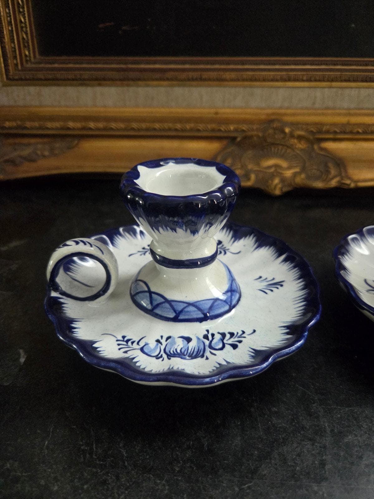 Pair Alcobaca Portugal Blue White Chamberstick Candle Holders Delft Style - image 3
