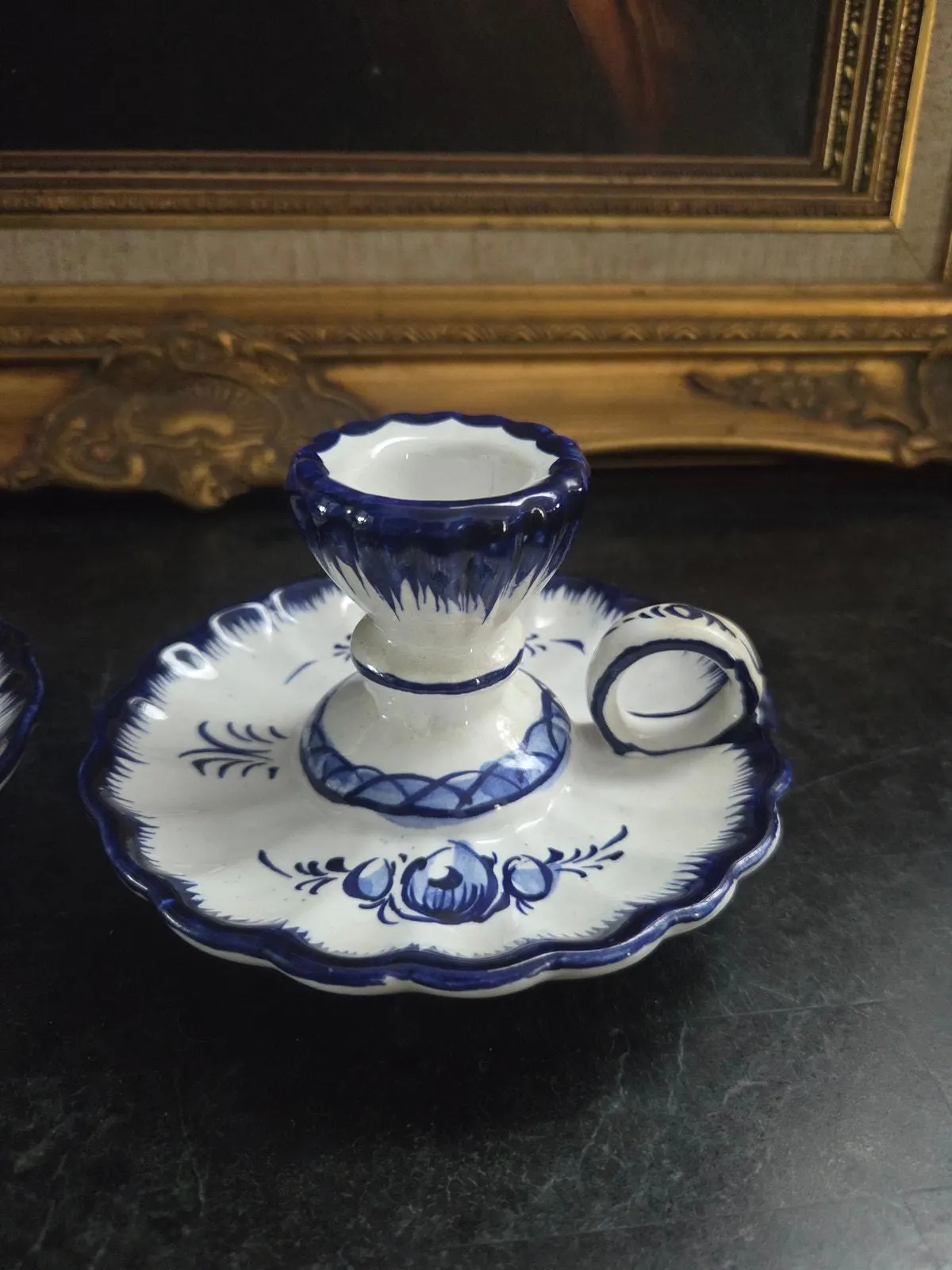 Pair Alcobaca Portugal Blue White Chamberstick Candle Holders Delft Style - image 4