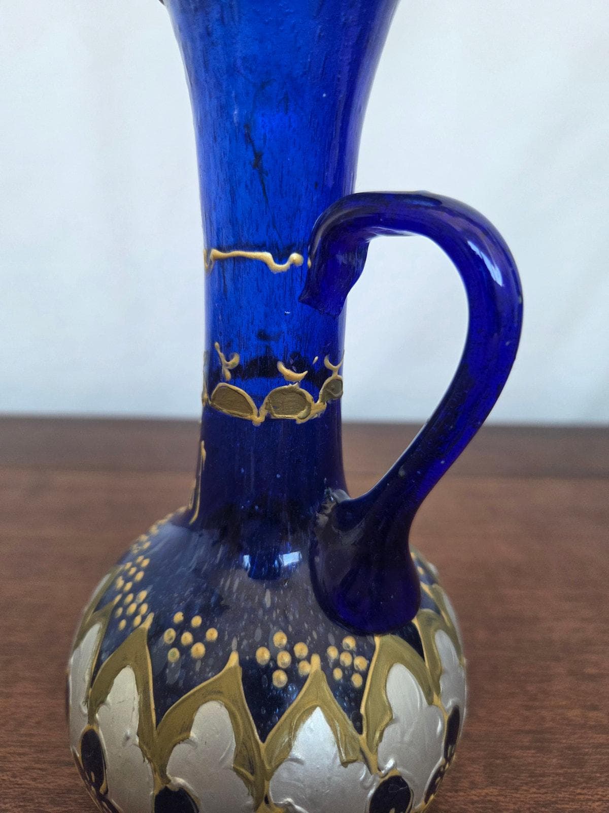 Vintage Hand Blown Cobalt Glass Enamel Ewer Vase Moorish Revival 7" - image 5