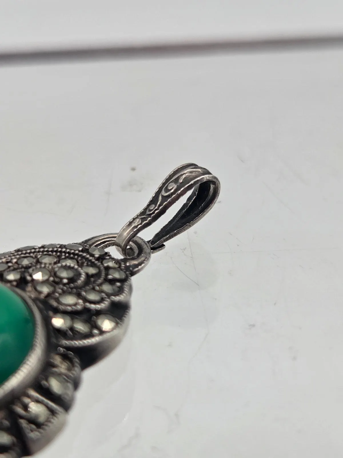 Antique Sterling Silver Marcasite Green Agate Pendant Art Deco 1.25" - image 5