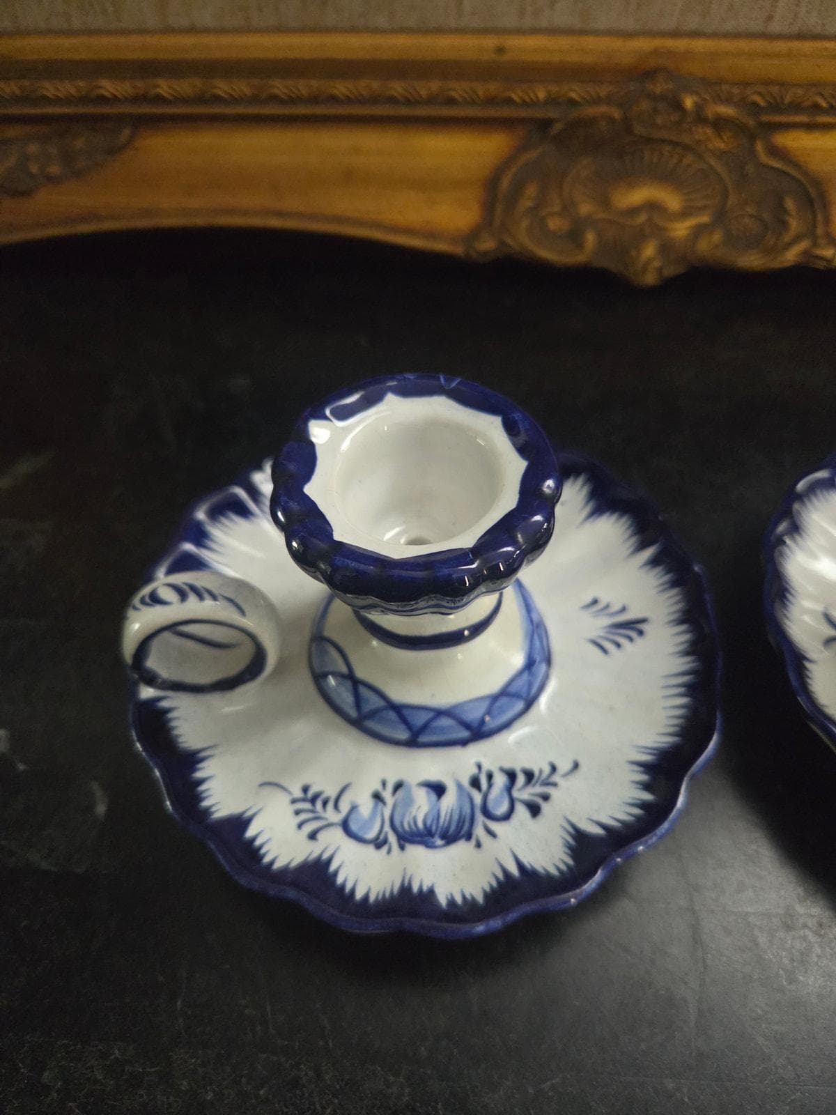 Pair Alcobaca Portugal Blue White Chamberstick Candle Holders Delft Style - image 5