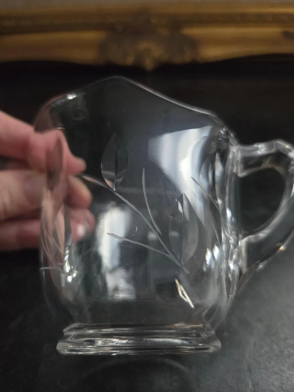 Vintage UV Reactive Pressed Glass Creamer Etched Leaf Scalloped Rim 3.5" - image 4